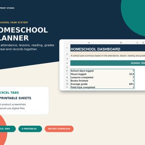 May include: A digital homeschool planner system featuring a dashboard spreadsheet with columns for school days, hours, lessons, books, grades, and field trips. The layout includes text headers for Pure Print Studio, 8 Excel tabs, and 4 printable sheets.