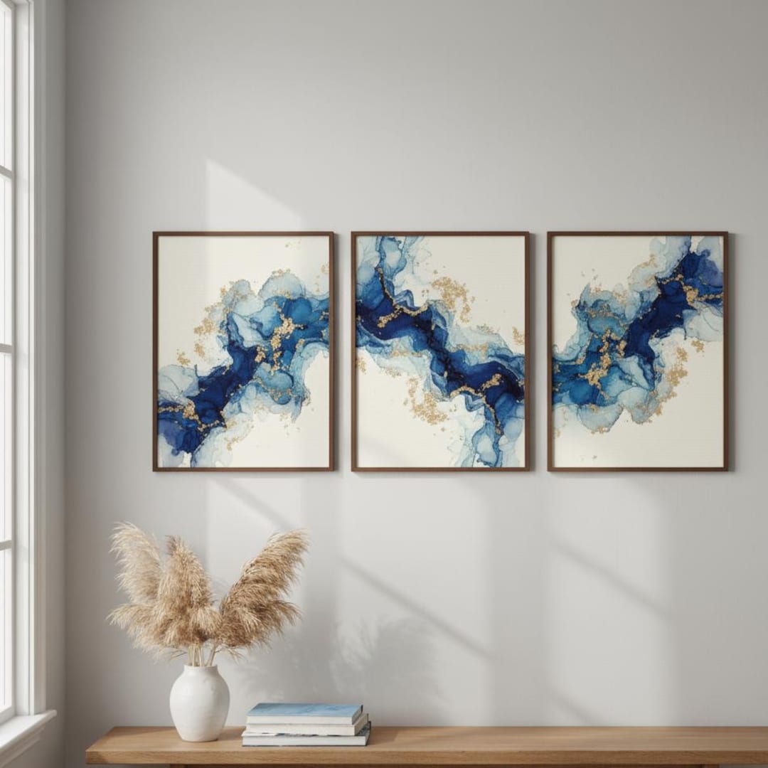 Navy Blue Abstract Art Prints, Set of 3, Modern Wall Decor (digital ...