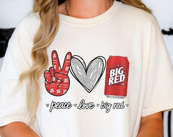 Big Red Soda Shirt: Retro Peace Sign, Glitter Heart Design