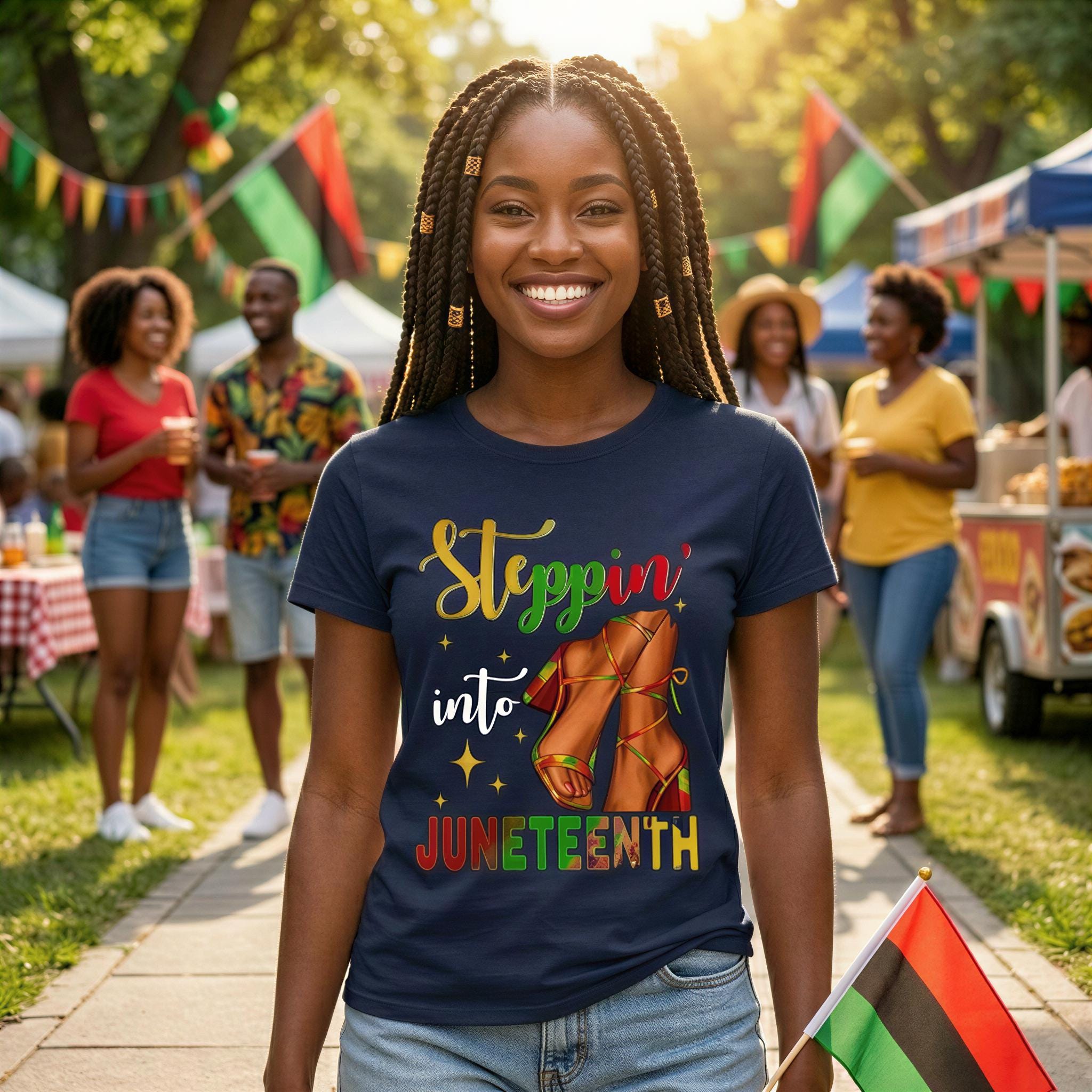 A smiling woman with braided hair wearing a blue t-shirt with a graphic design and text, standing in front of a group of people at what appears to be an outdoor event.