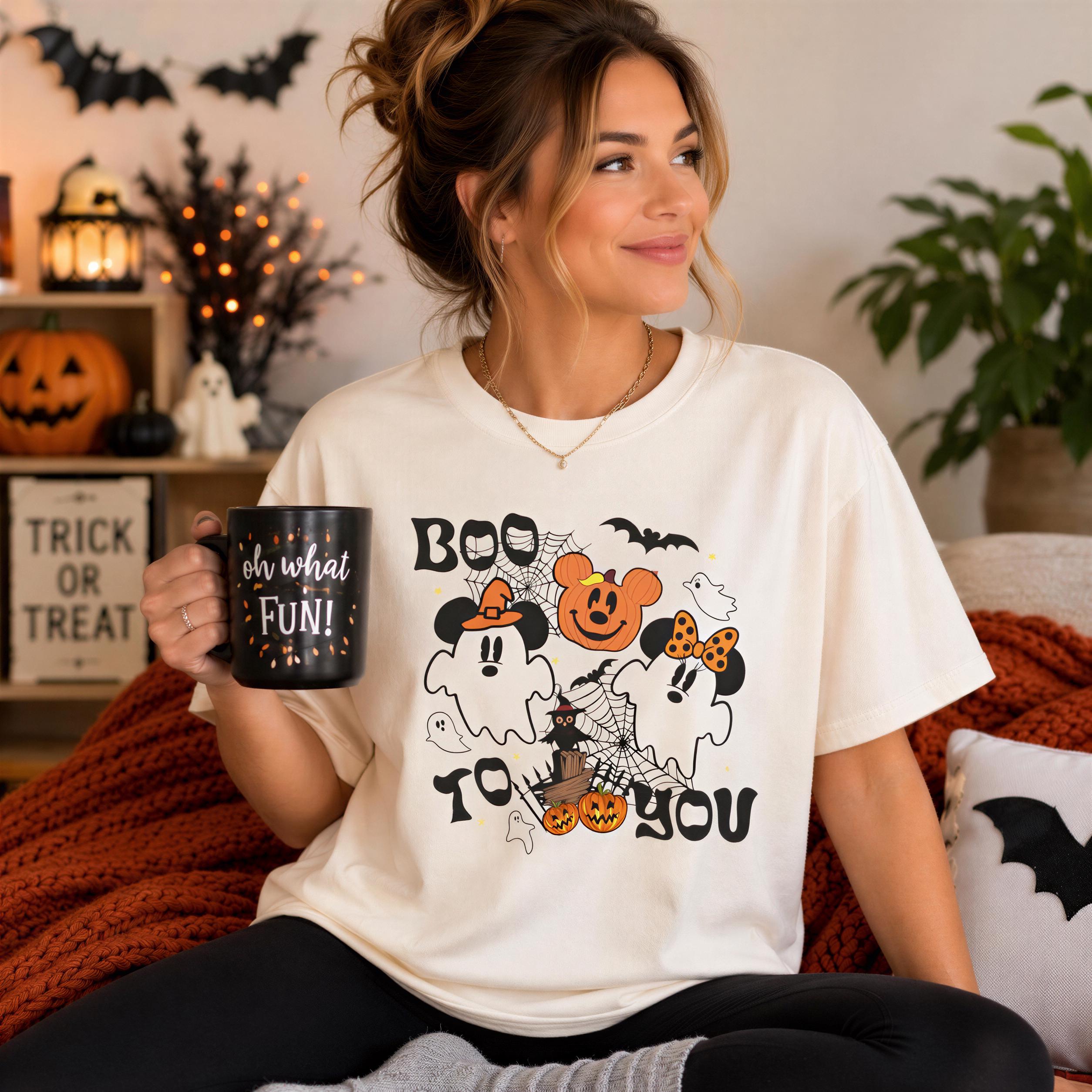 A woman sitting on a couch holding a mug with a Halloween-themed design, including a character and the text "BOOF to YOU".