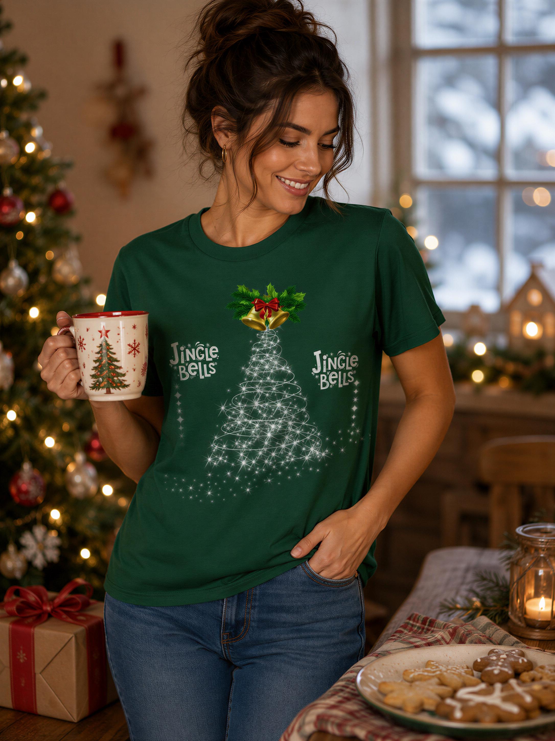 A woman wearing a green t-shirt with a Christmas tree design and holding a mug with a Christmas tree design is standing in front of a Christmas tree and a plate of cookies.