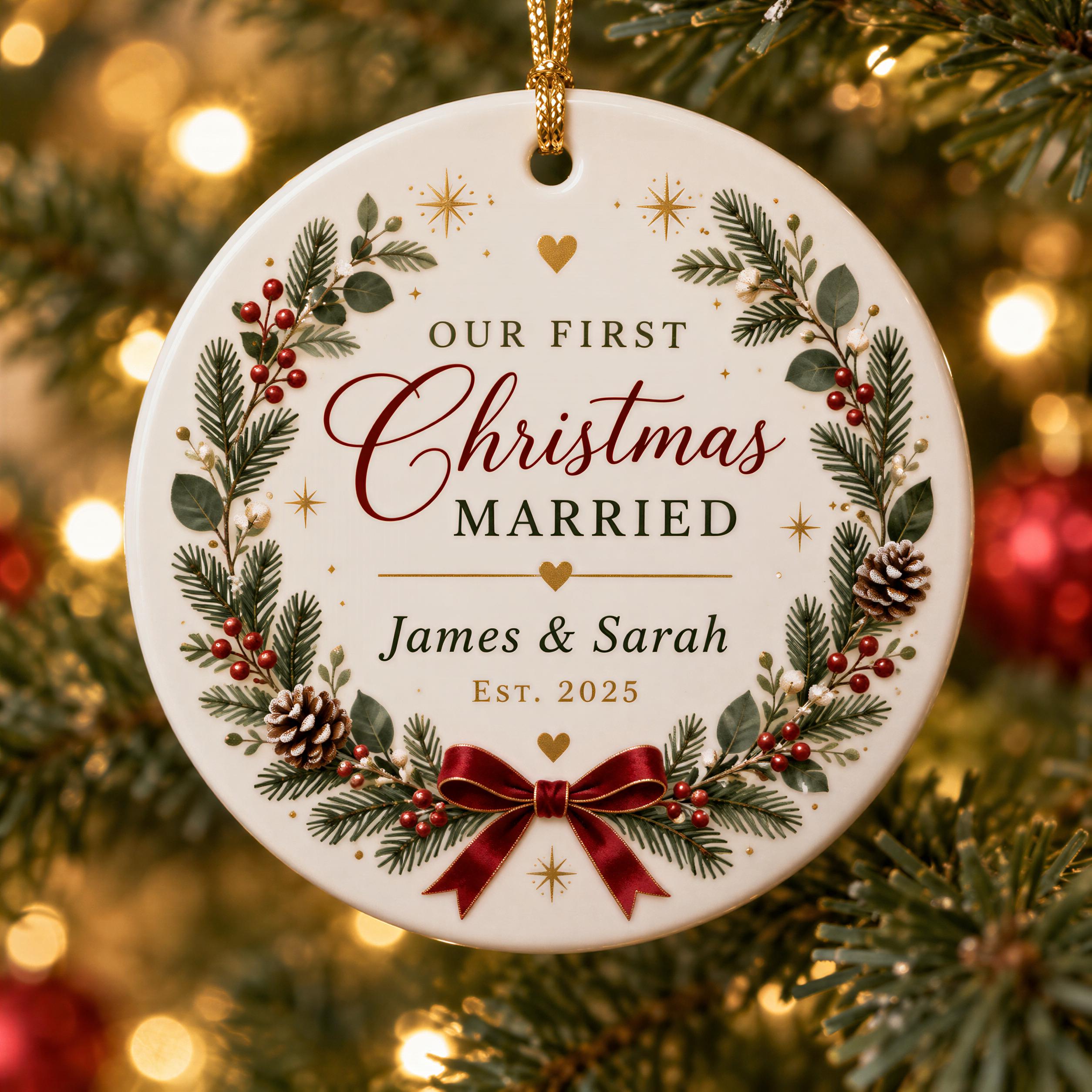 A white Christmas ornament with a wreath design, featuring the text "Our first Christmas married" and the names "James & Sarah" along with the year "Est. 2015".
