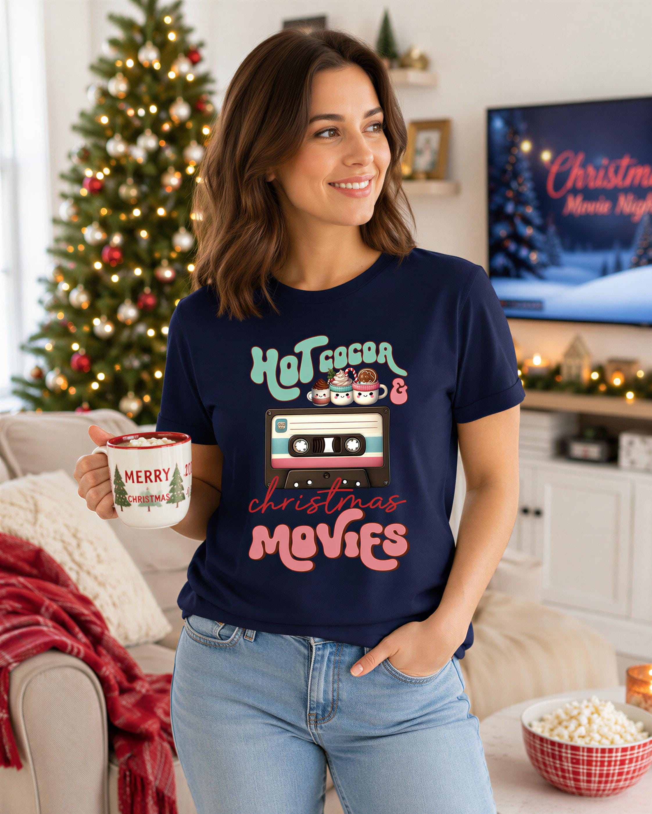 A woman wearing a navy blue t-shirt with a graphic design of a hot chocolate mug and a cassette tape, holding a mug and smiling in a cozy living room with a Christmas tree and other holiday decorations.