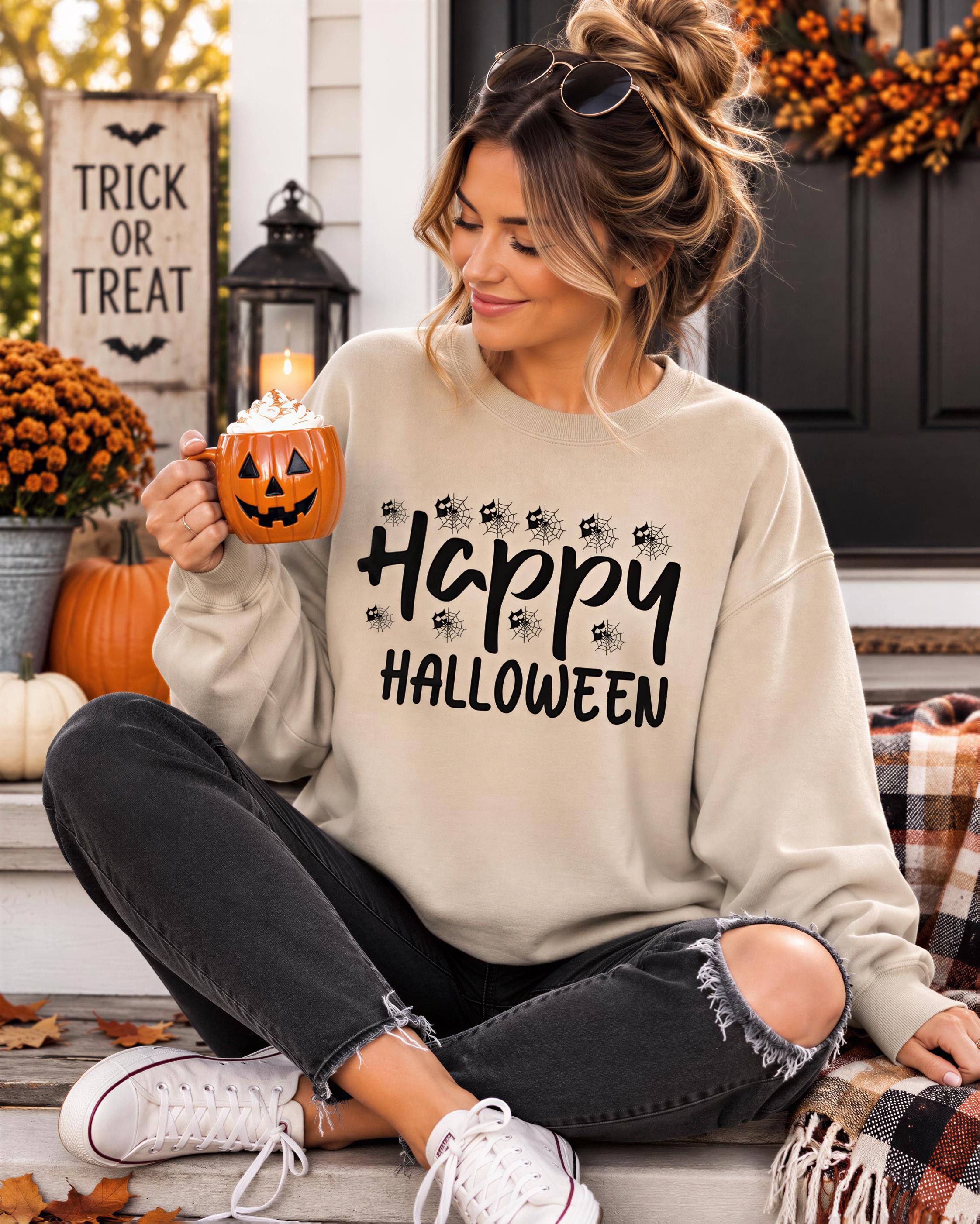 A woman sits on a porch holding a pumpkin-shaped mug, wearing a sweater with the text "Happy Halloween" and surrounded by Halloween decorations.