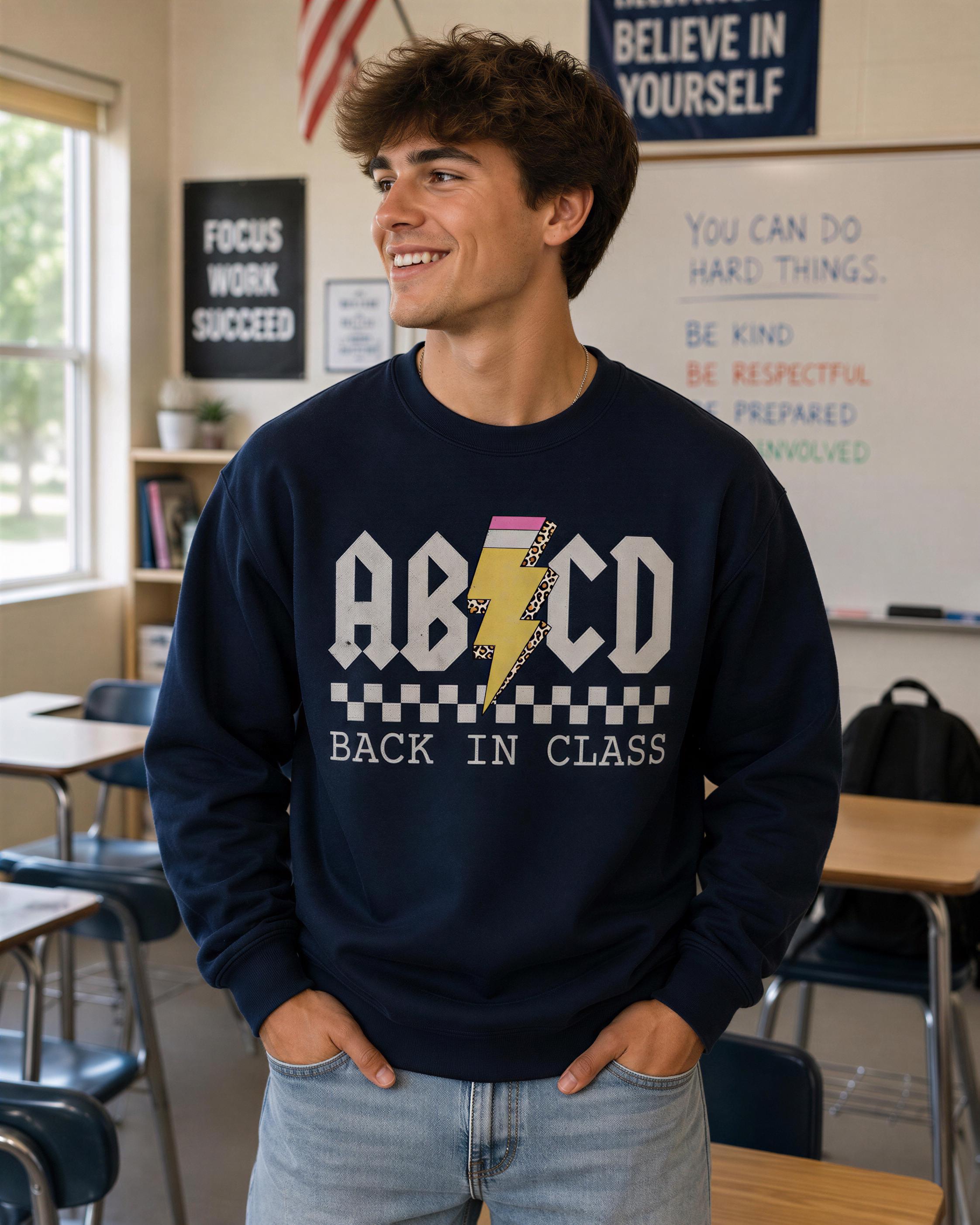 A smiling young man wearing a navy blue sweatshirt with a lightning bolt design stands in a classroom setting.