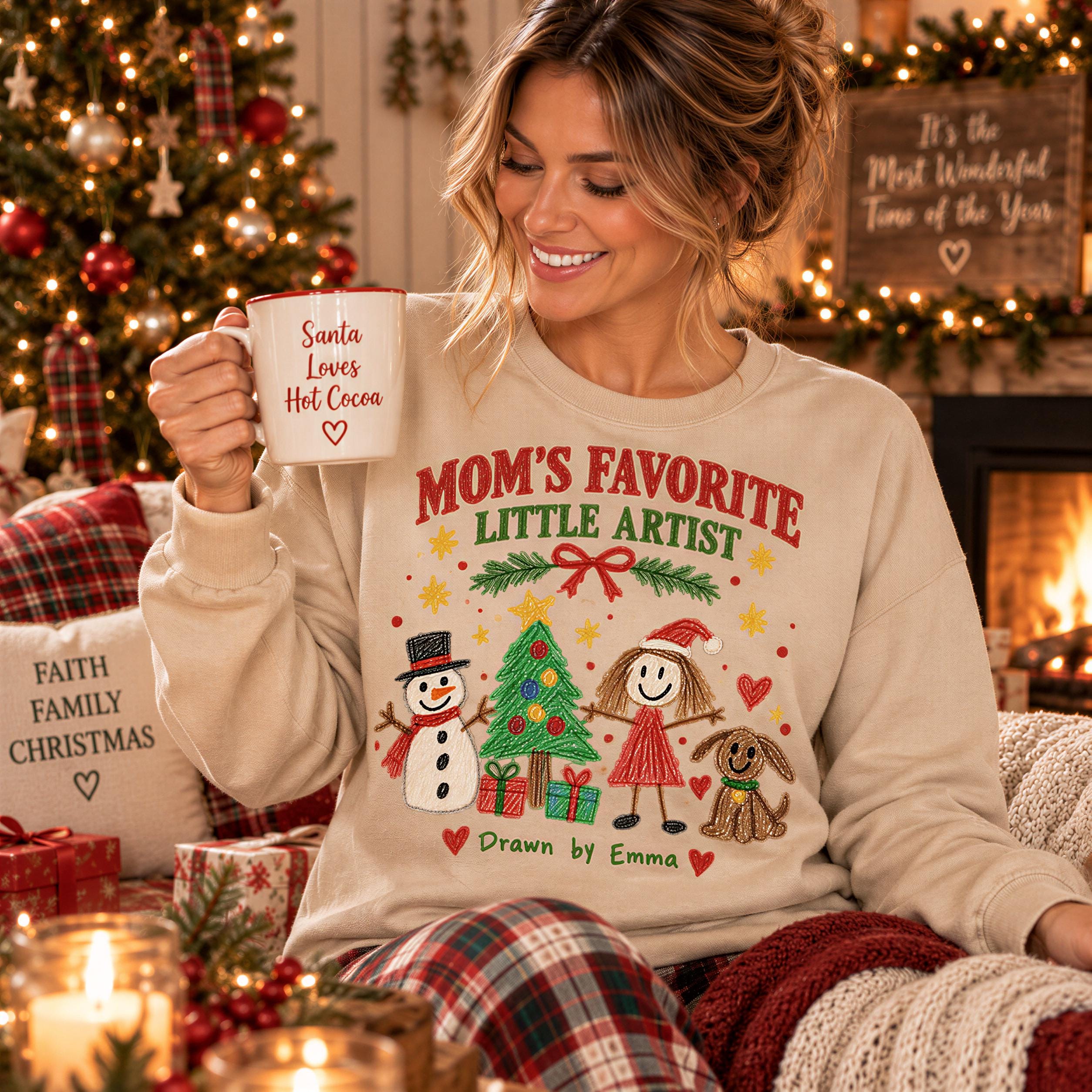 A woman wearing a Christmas-themed sweatshirt is holding a mug with the text "Santa Loves Hot Cocoa" and "Mom's Favorite Little Artist" printed on it. She is sitting in front of a fireplace with Christmas decorations and gifts around her.