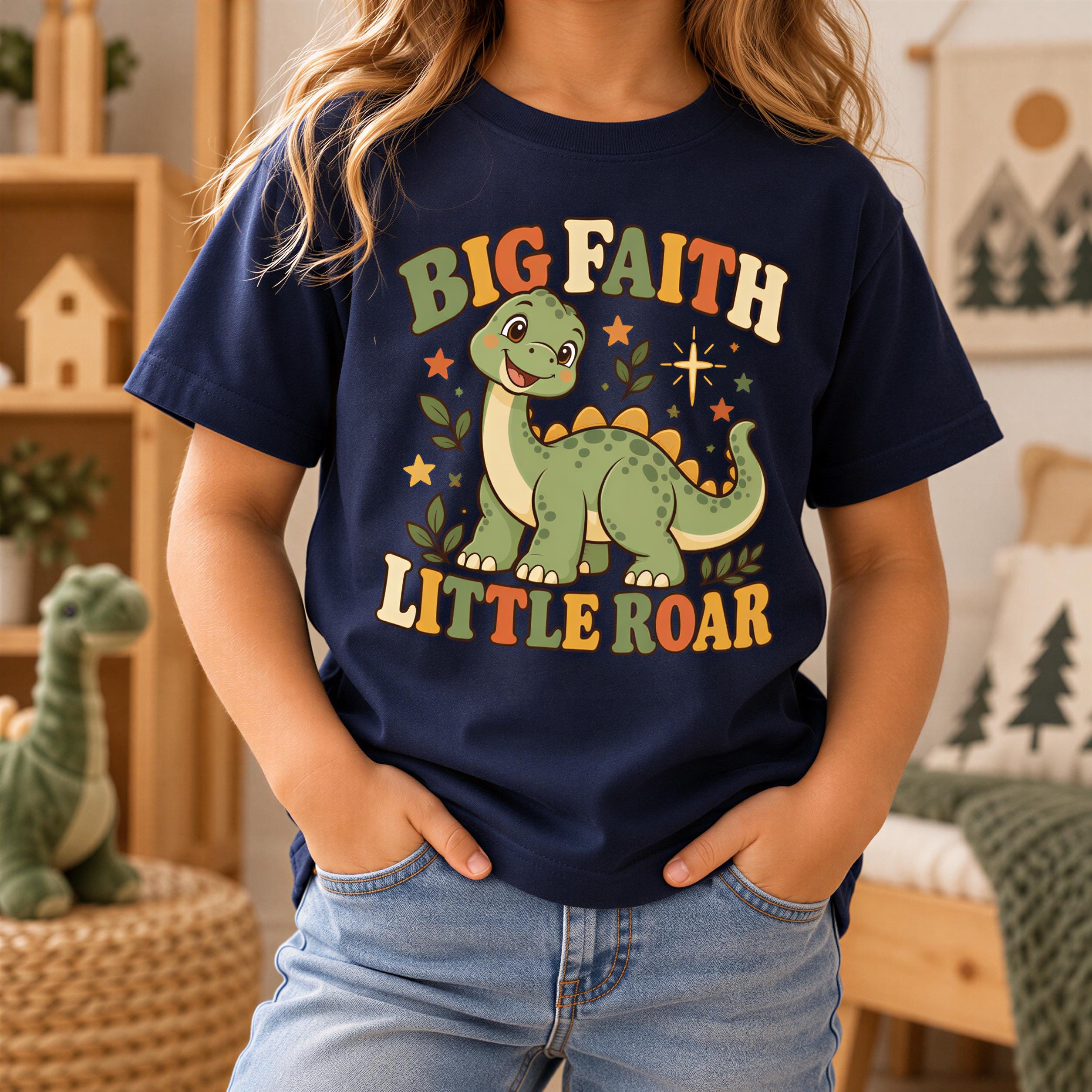 A person wearing a navy blue t-shirt with a cartoon dinosaur and the text "BIG FAITH LITTLE ROAR" printed on it.