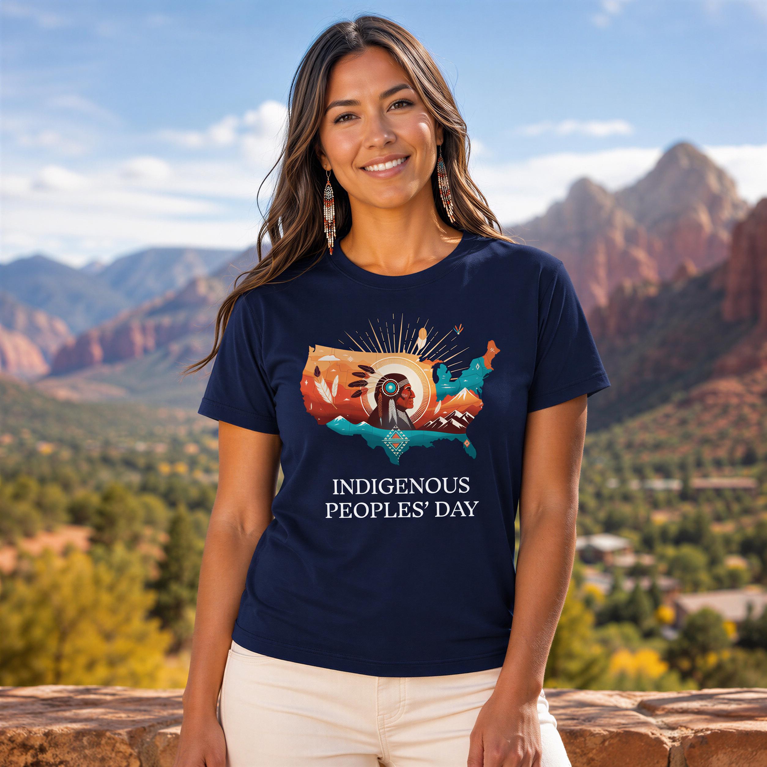 A woman wearing a navy blue t-shirt with a graphic design of mountains and a sun, standing in front of a scenic mountain landscape.