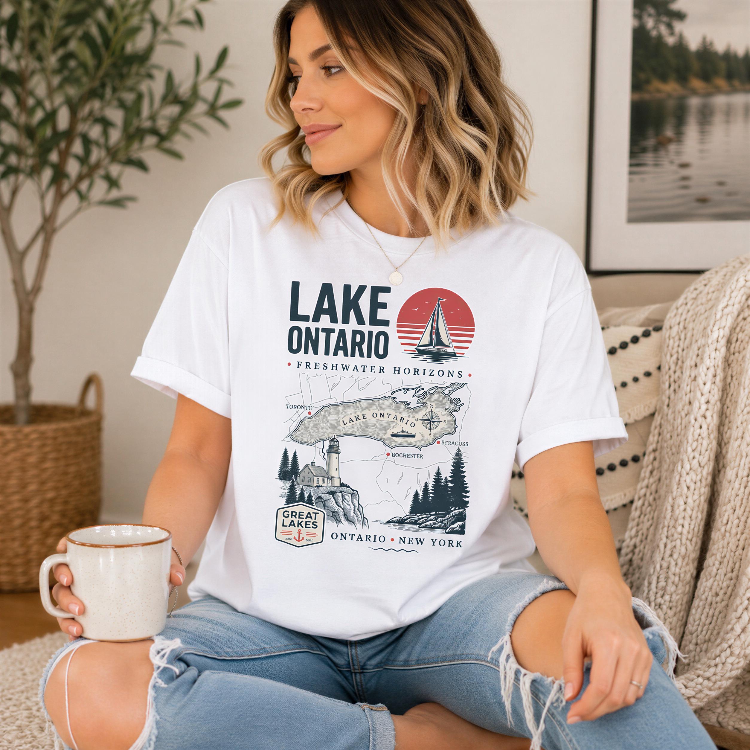 A woman wearing a white t-shirt with a graphic design of Lake Ontario and the text "Lake Ontario" is sitting on a couch, holding a coffee mug.