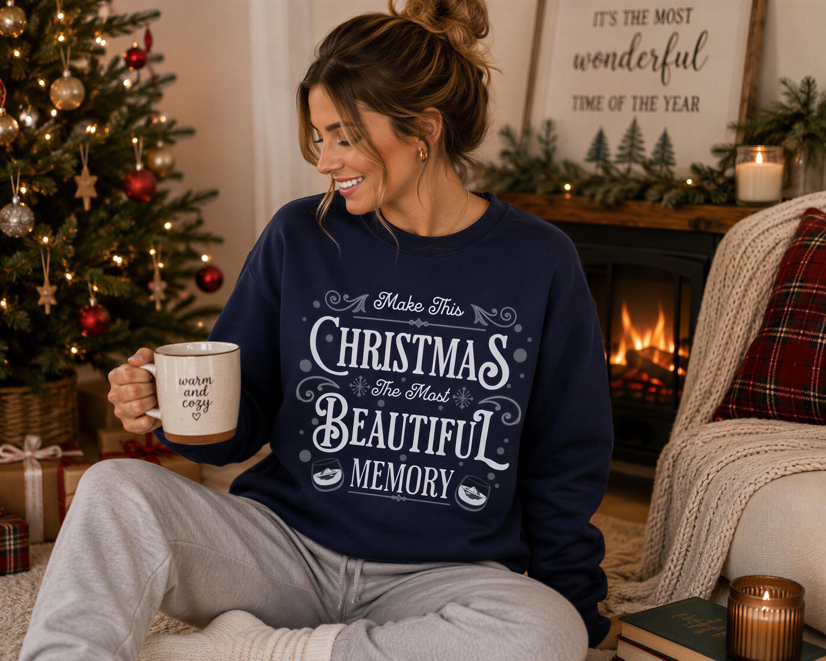 A woman sitting on the floor in front of a Christmas tree, holding a mug and wearing a blue sweatshirt with a message about Christmas.
