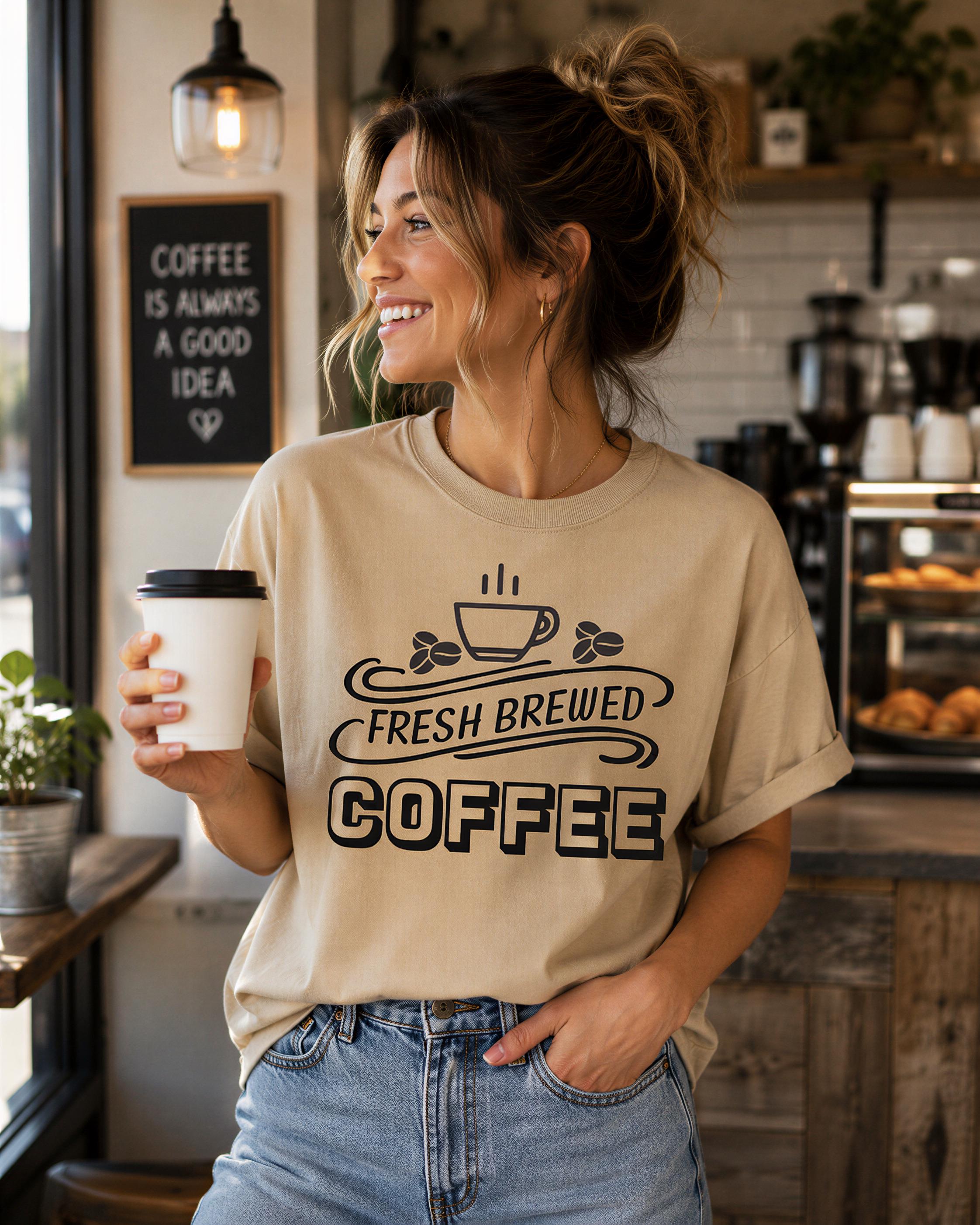 A woman wearing a t-shirt with the text "FRESH BREWED COFFEE" is holding a coffee cup and smiling in a coffee shop.