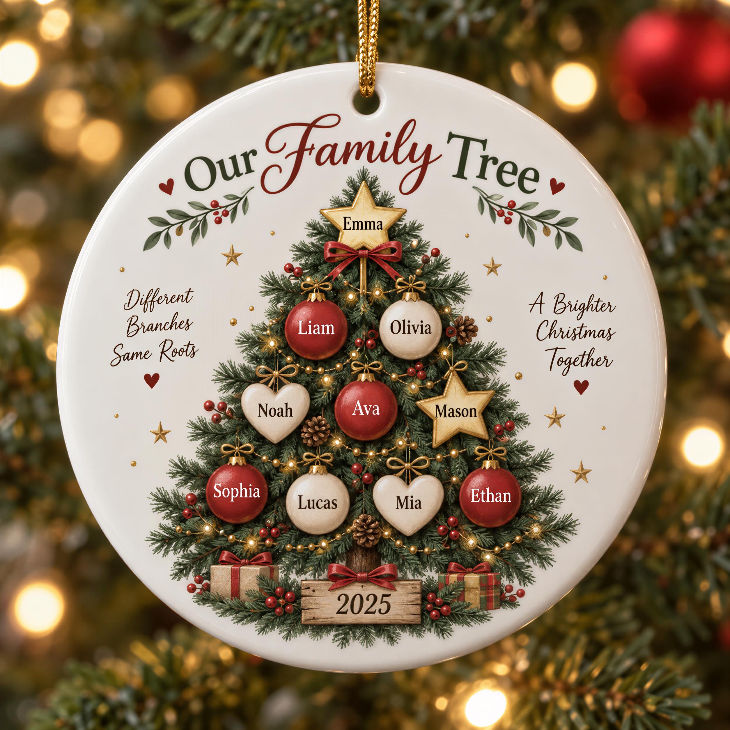 A white ornament with a Christmas tree design, featuring the names of family members and the year "2025" at the bottom.