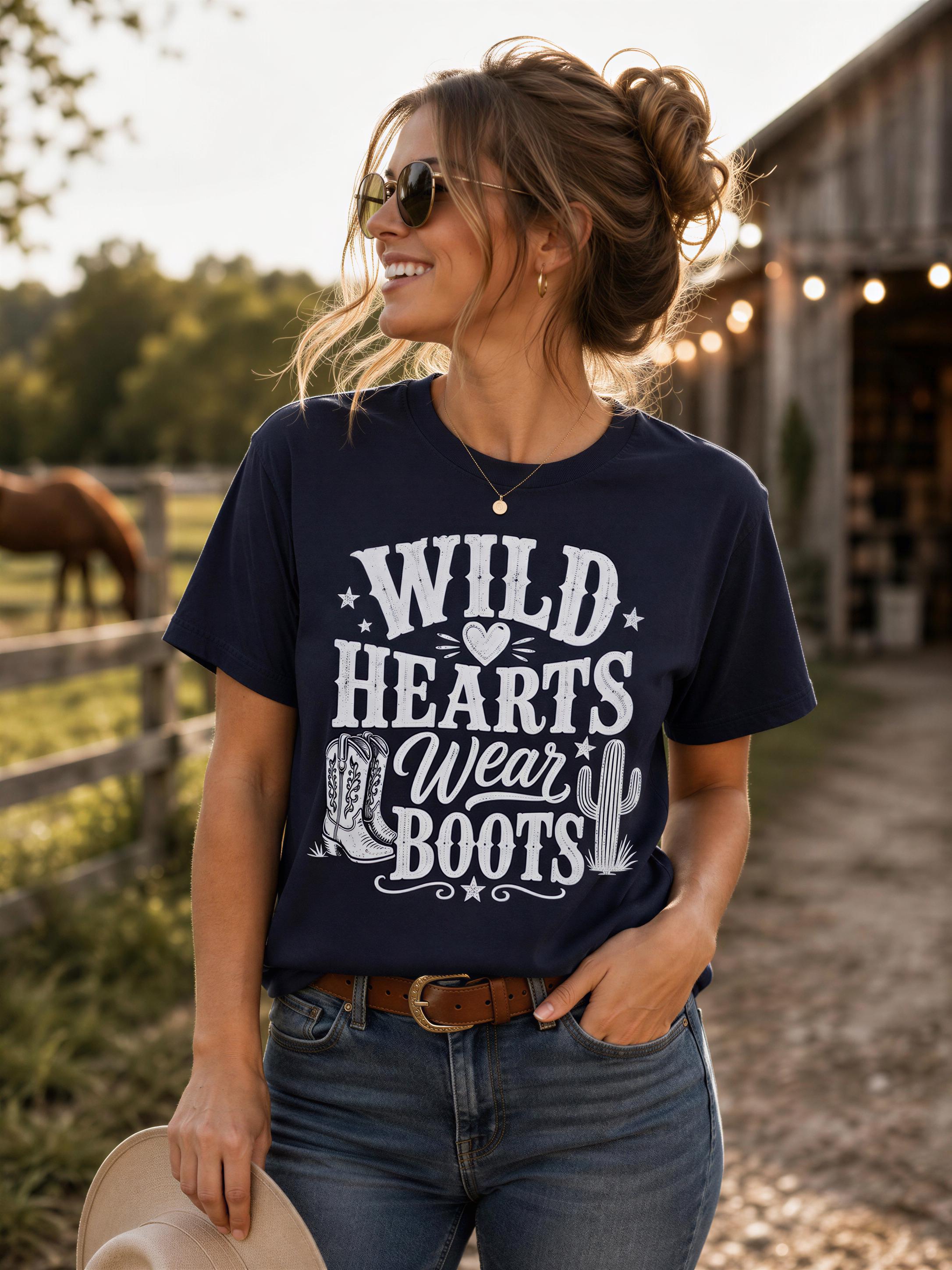 A woman wearing a navy blue t-shirt with the text "WILD HEARTS WEAR BOOTS" stands in front of a wooden building, smiling and holding a hat.