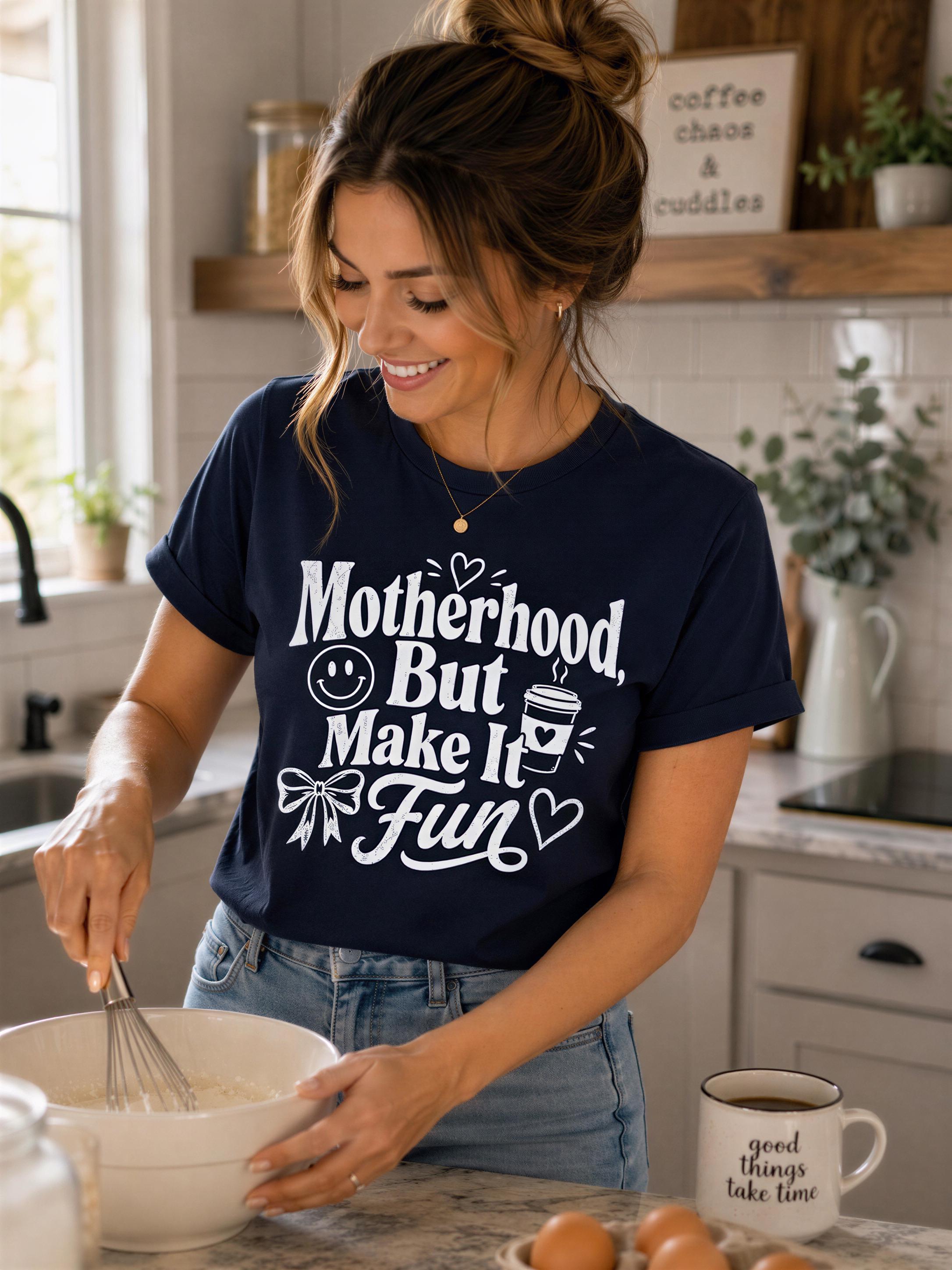 A woman in a navy blue t-shirt with white text is mixing ingredients in a bowl in a kitchen, smiling and appearing to enjoy the process.