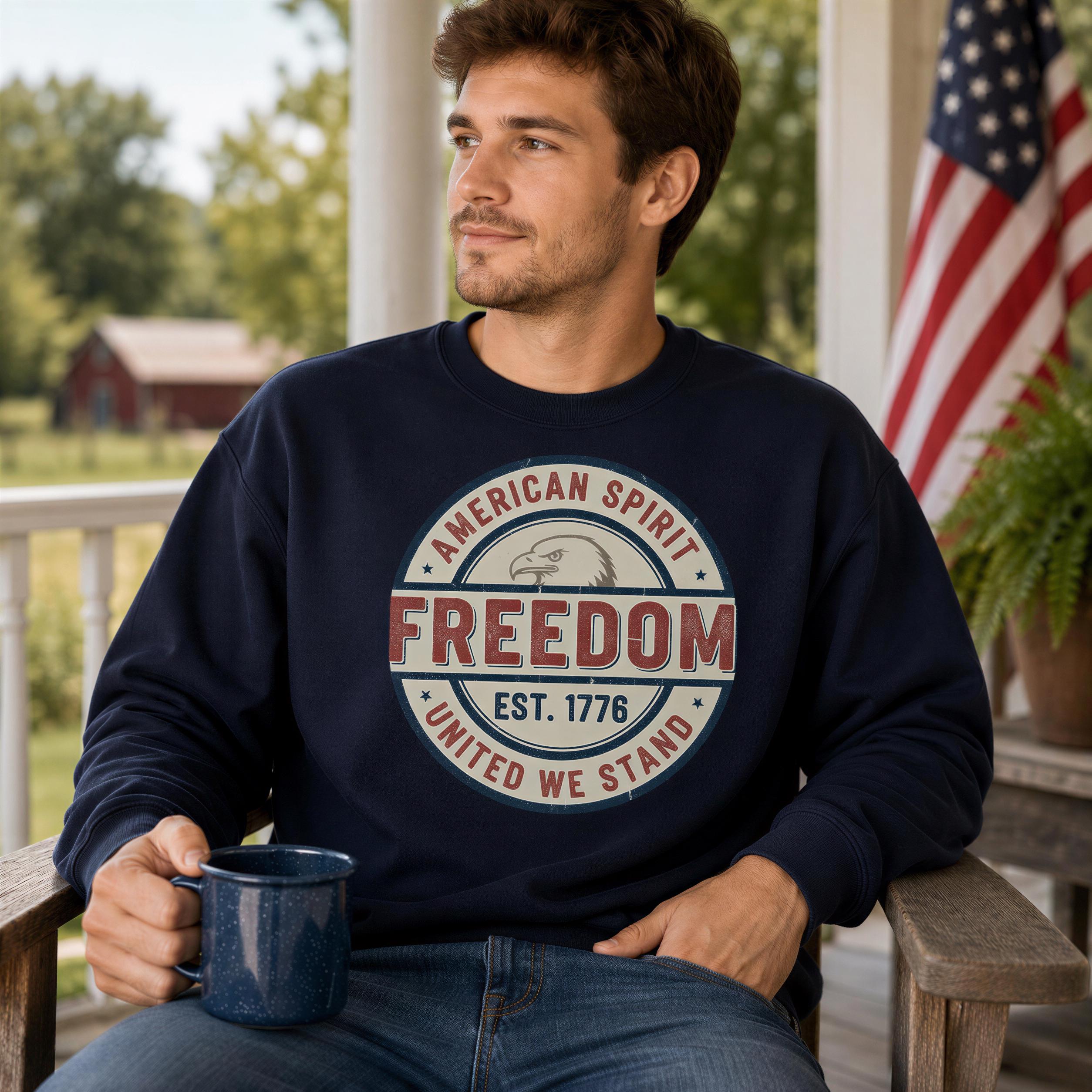 A man wearing a navy blue sweatshirt with an American flag in the background, sitting on a porch and holding a blue mug.