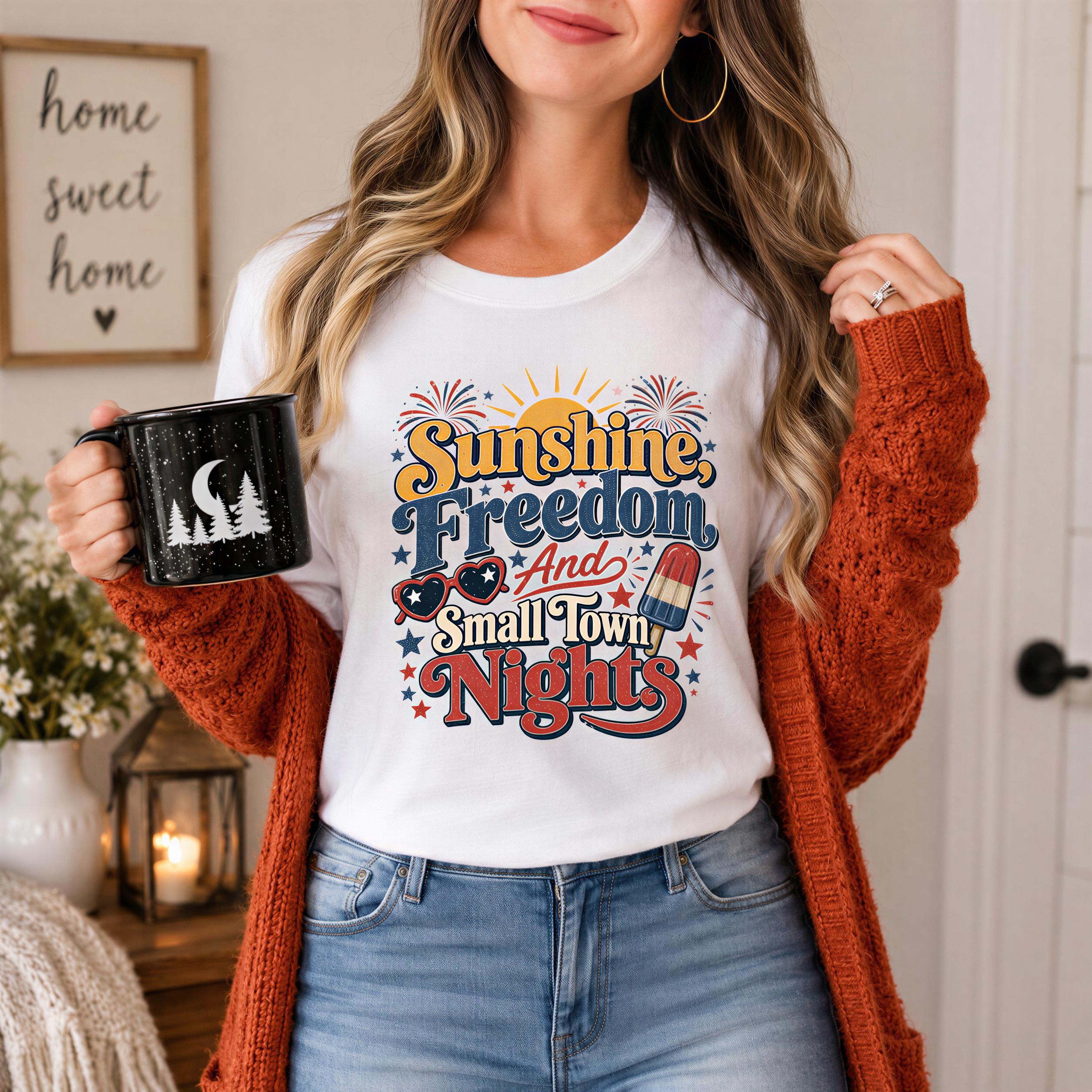 A woman wearing a white t-shirt with a colorful graphic design and holding a black mug with a white design on it, standing in a room with a framed sign that says "home sweet home".