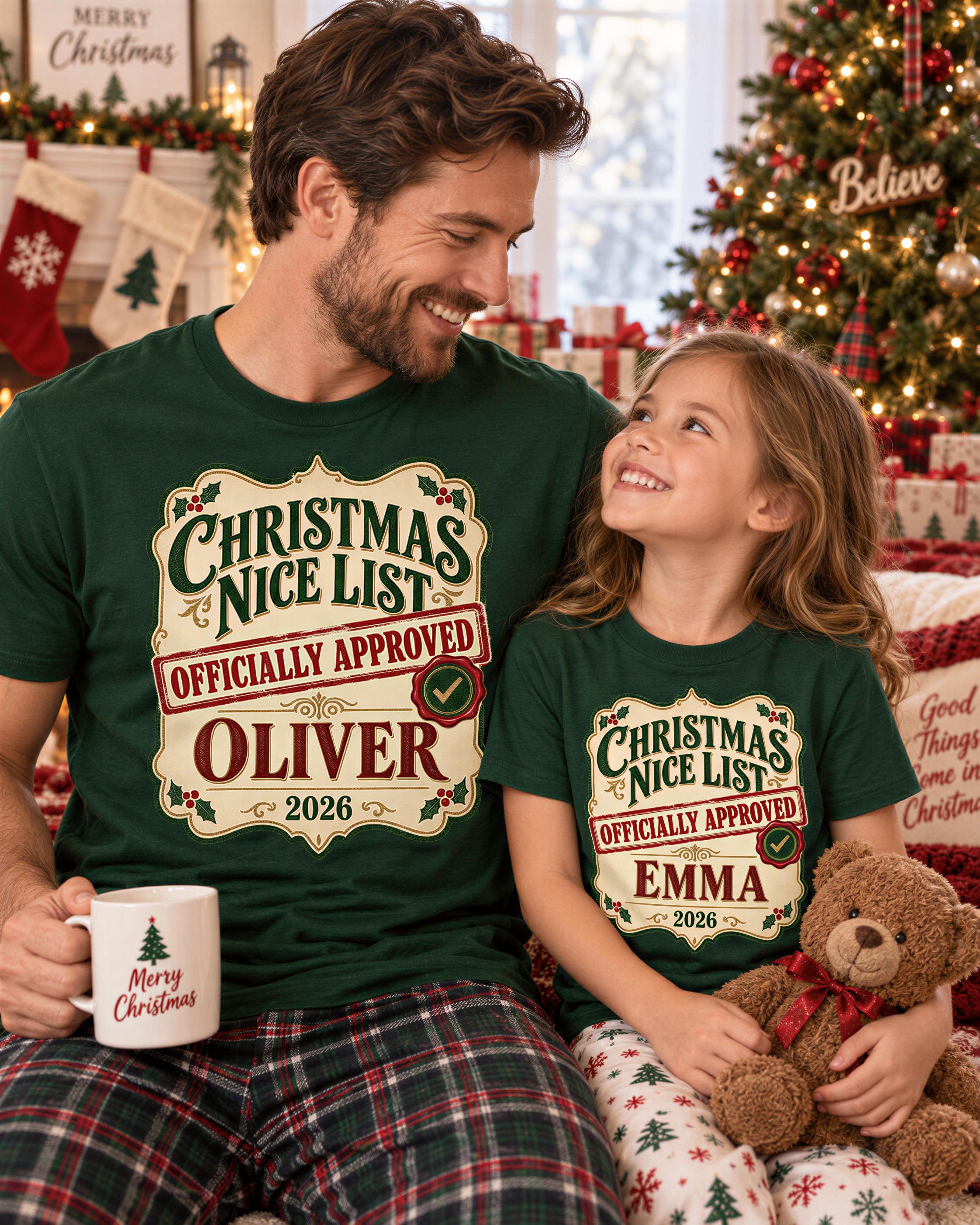 A man and a young girl wearing matching Christmas t-shirts with the text "Christmas Nice List" and " Officially Approved Oliver" are sitting together, smiling, with a Christmas tree and stockings in the background.