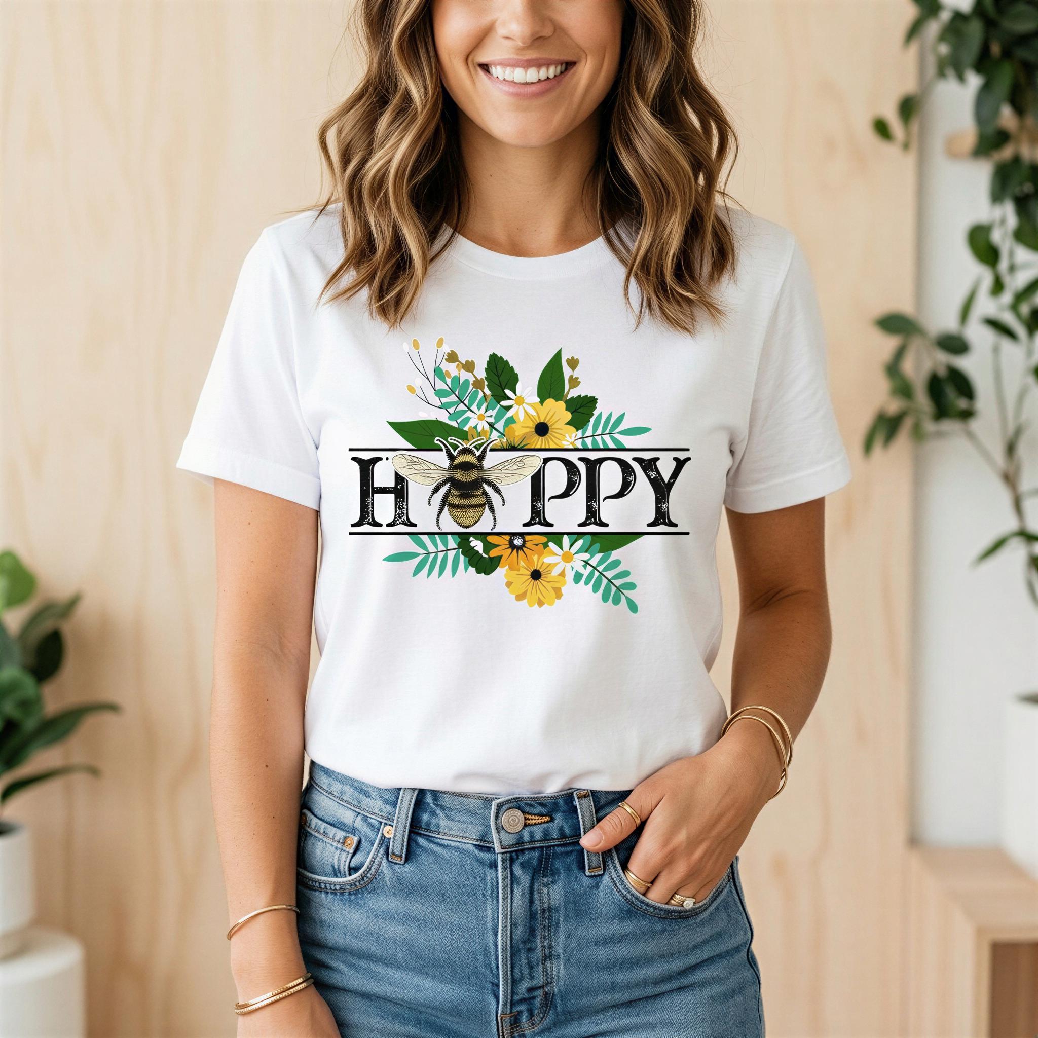 A woman wearing a white t-shirt with a graphic design of a bee surrounded by flowers and leaves, smiling at the camera.