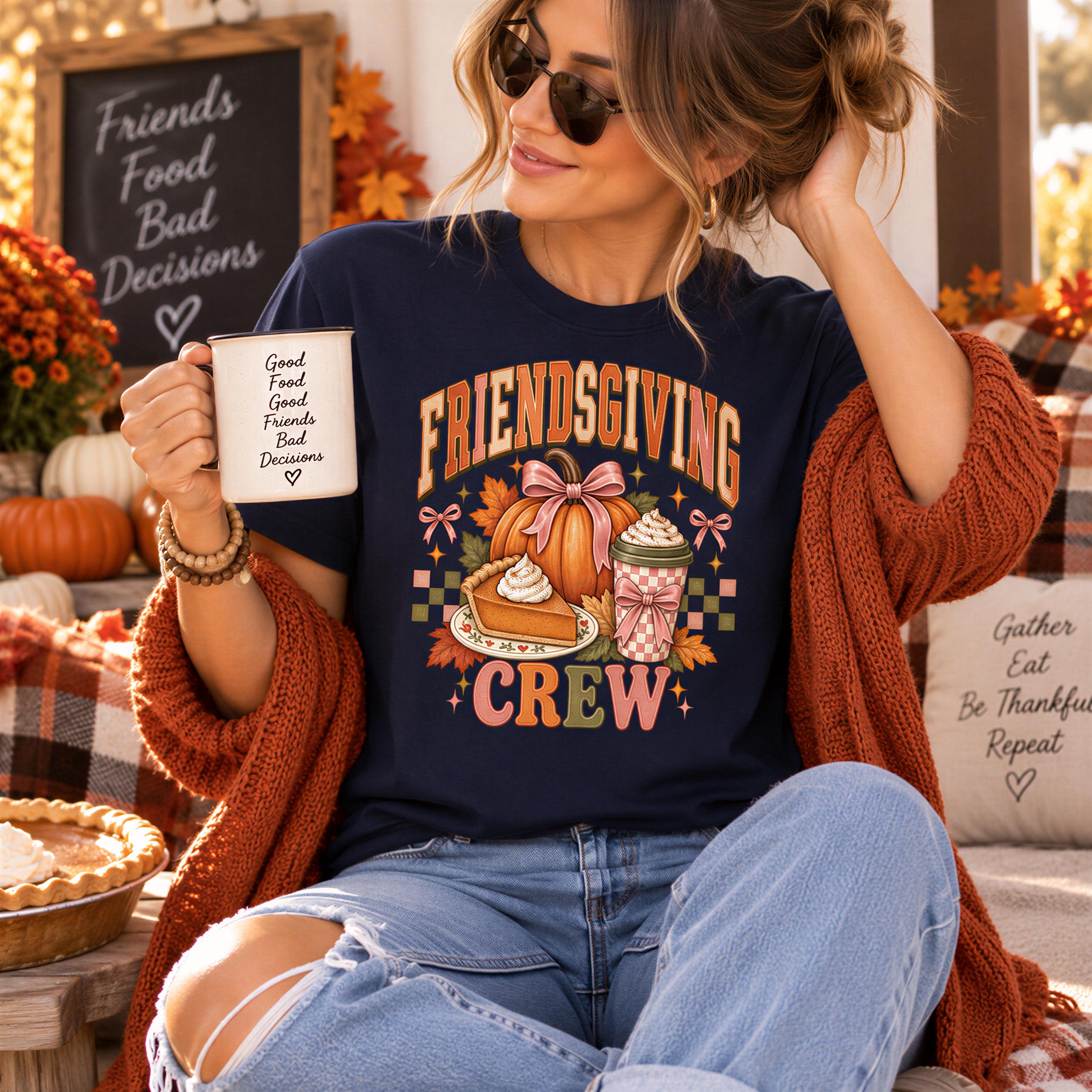 A woman wearing a black t-shirt with a graphic design and holding a coffee mug, sitting on a couch with a pumpkin and other fall decorations in the background.