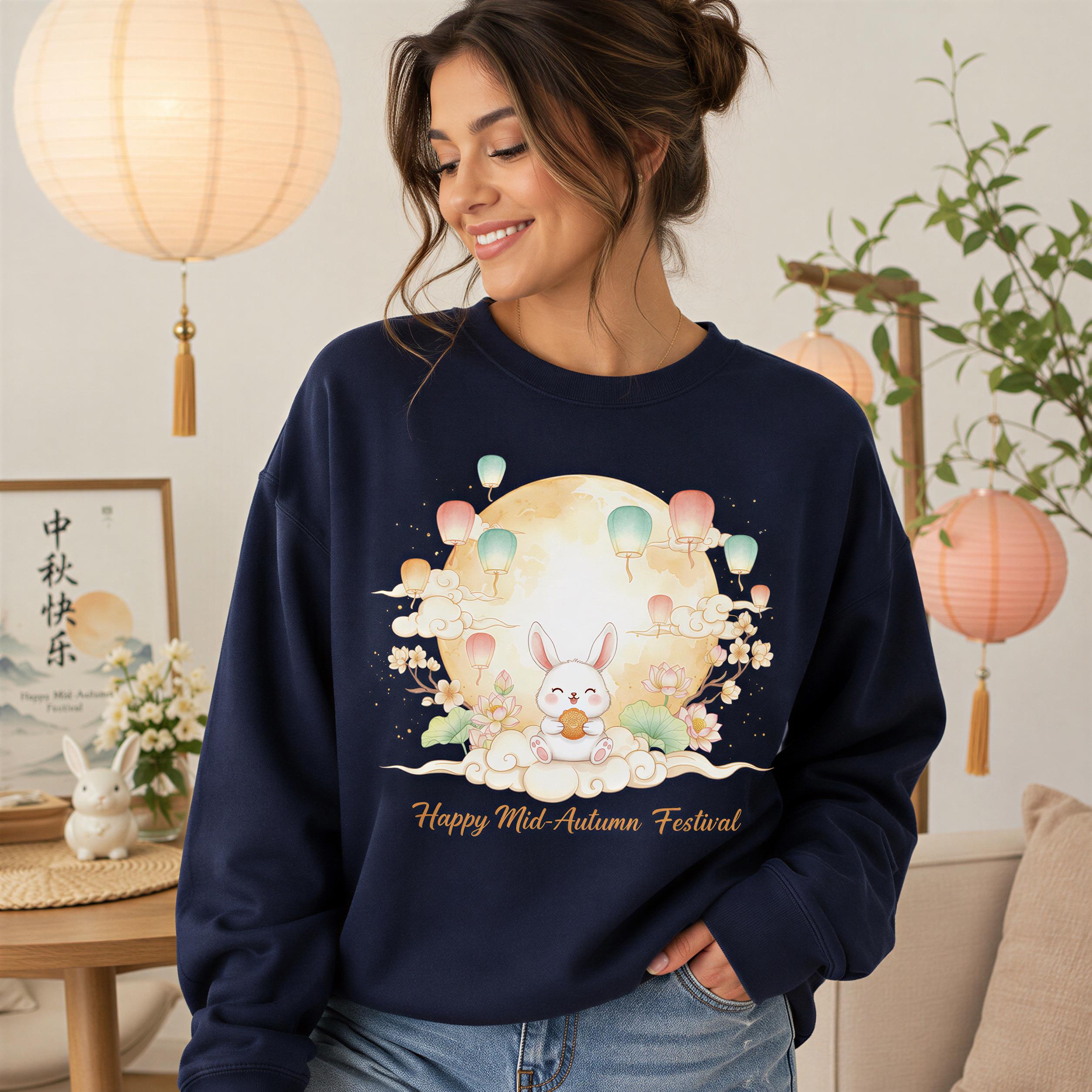 A woman wearing a navy blue sweatshirt with a colorful illustration of a bunny and lanterns, standing in a room with a potted plant and hanging lanterns.
