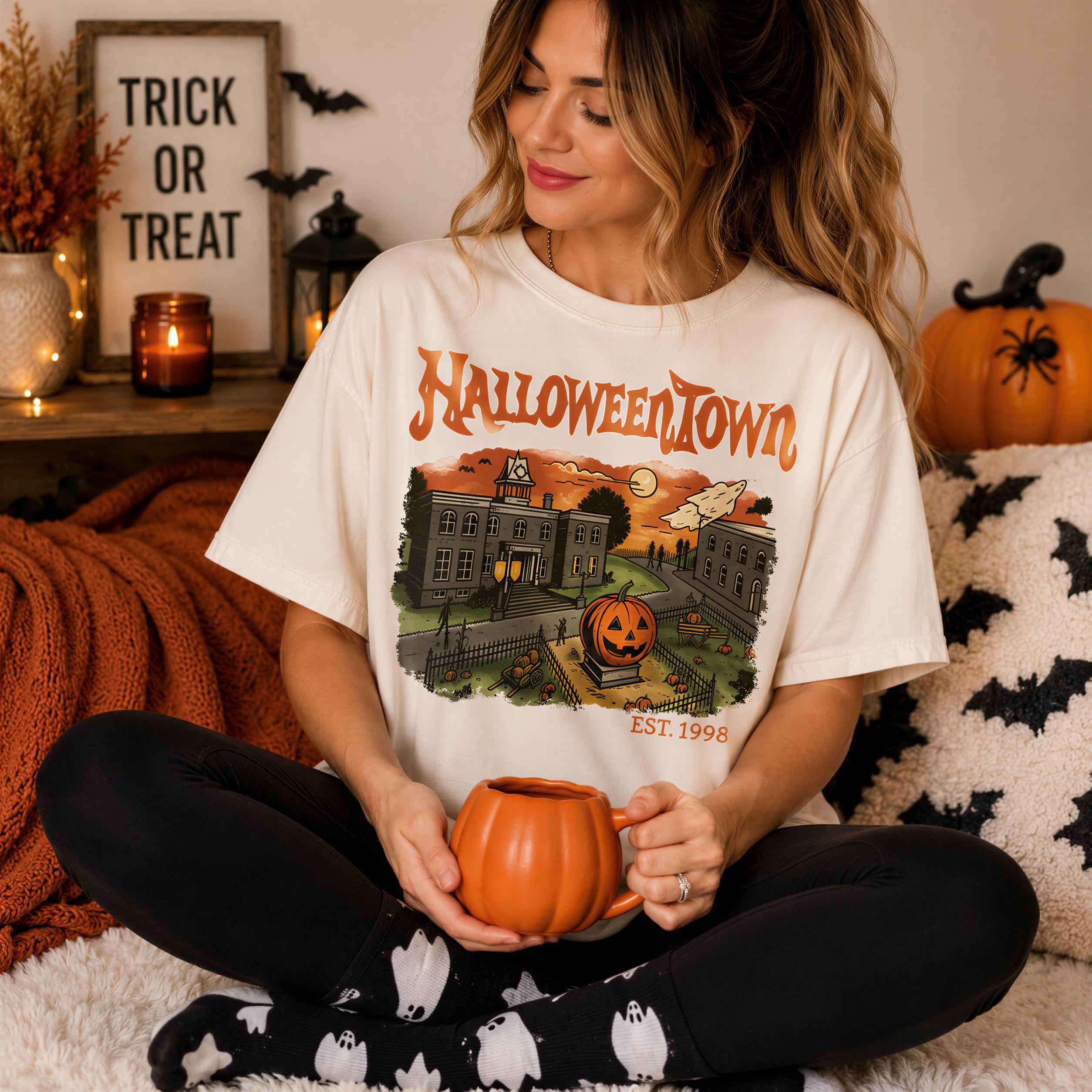 A woman wearing a Halloween-themed t-shirt sits on a couch, holding a pumpkin-shaped mug, with a Halloween-themed sign and decorations in the background.