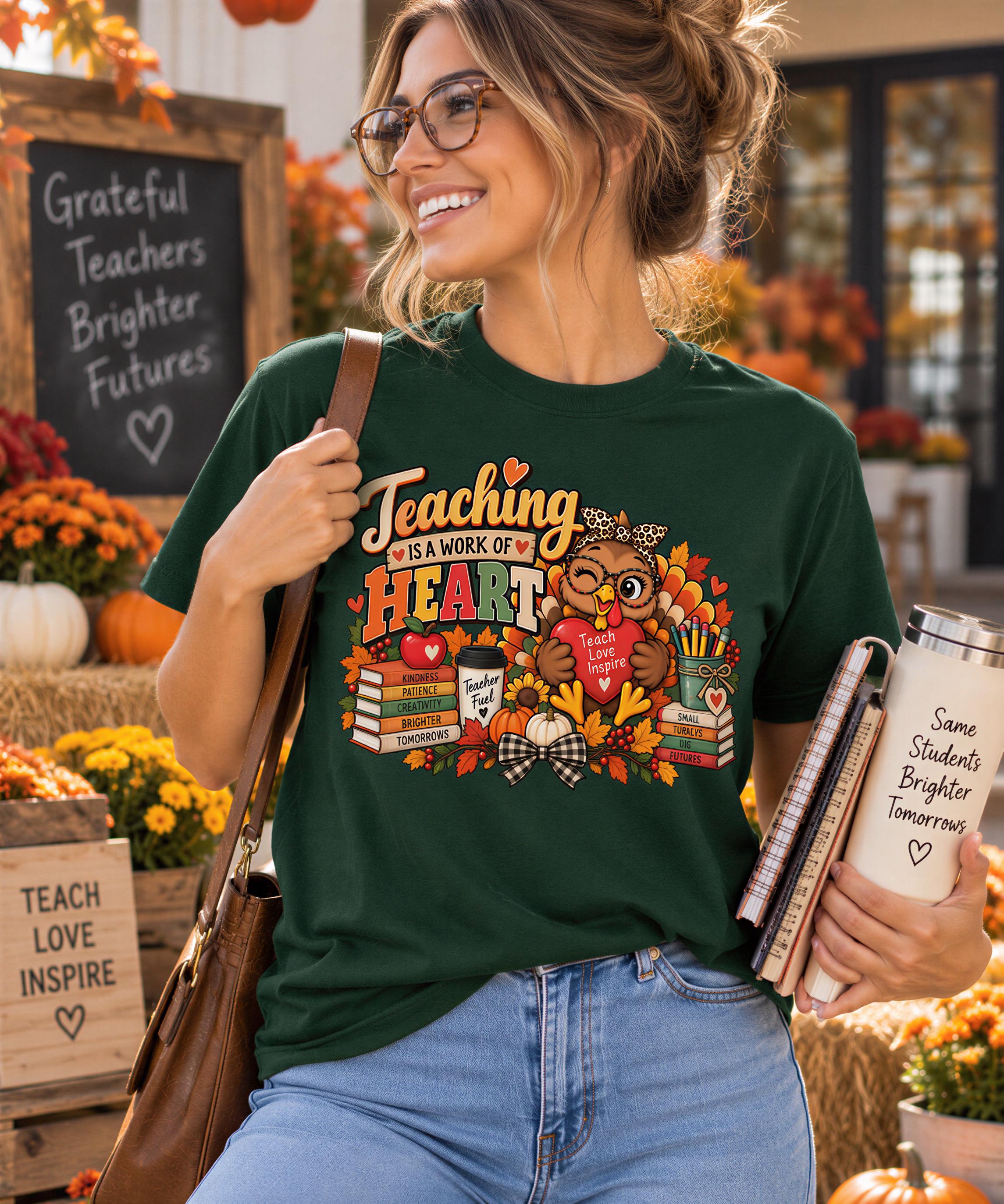 A smiling woman wearing a green t-shirt with a graphic design of a teacher holding a book and a heart, standing in front of a chalkboard sign that says "Grateful Teachers Brighter Futures".