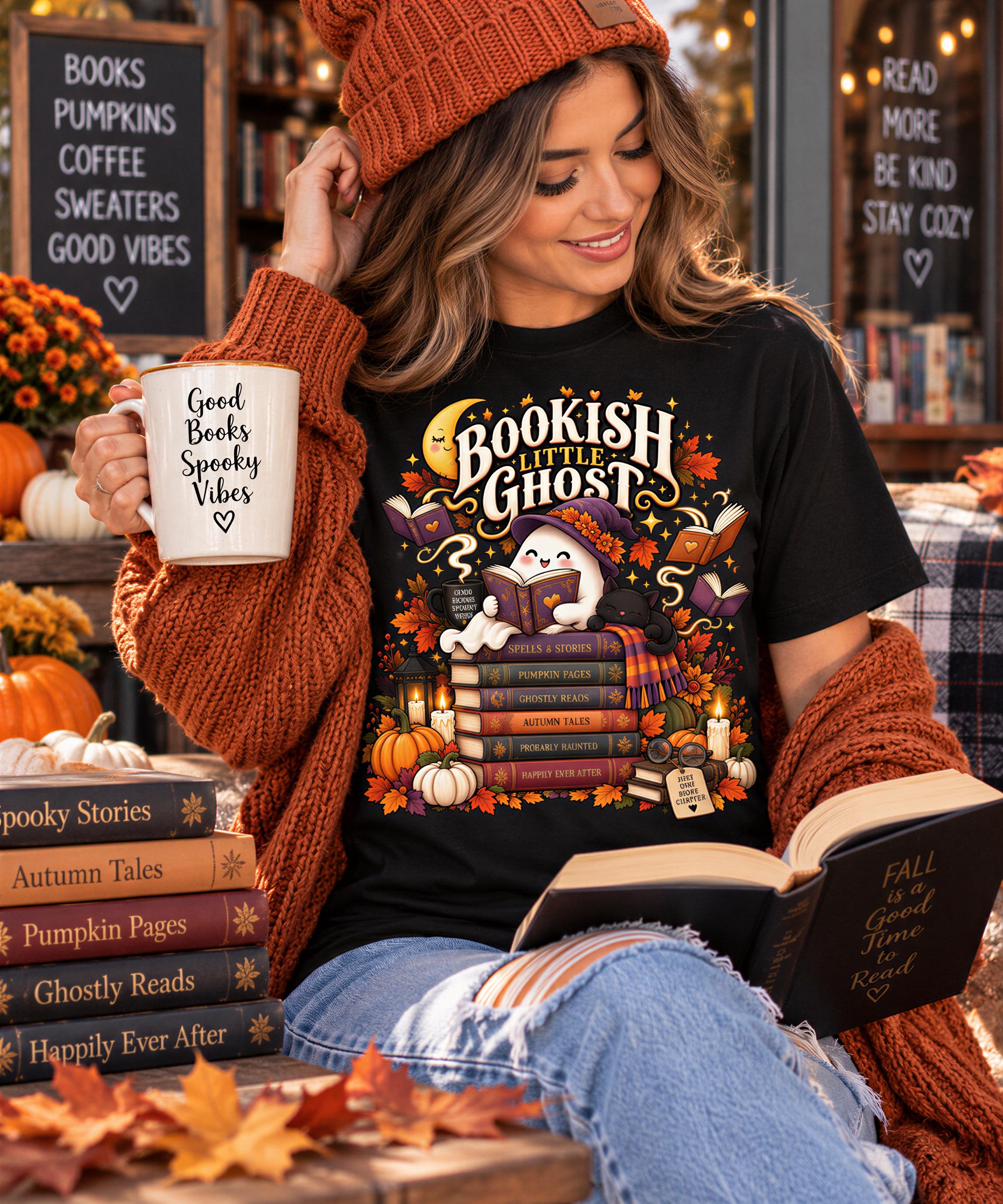 A woman wearing a black t-shirt with a graphic of a ghost and books, holding a mug with the text "Good Books Spooky Vibes" and reading a book. She is surrounded by autumn decorations, including pumpkins, books, and a cozy atmosphere.