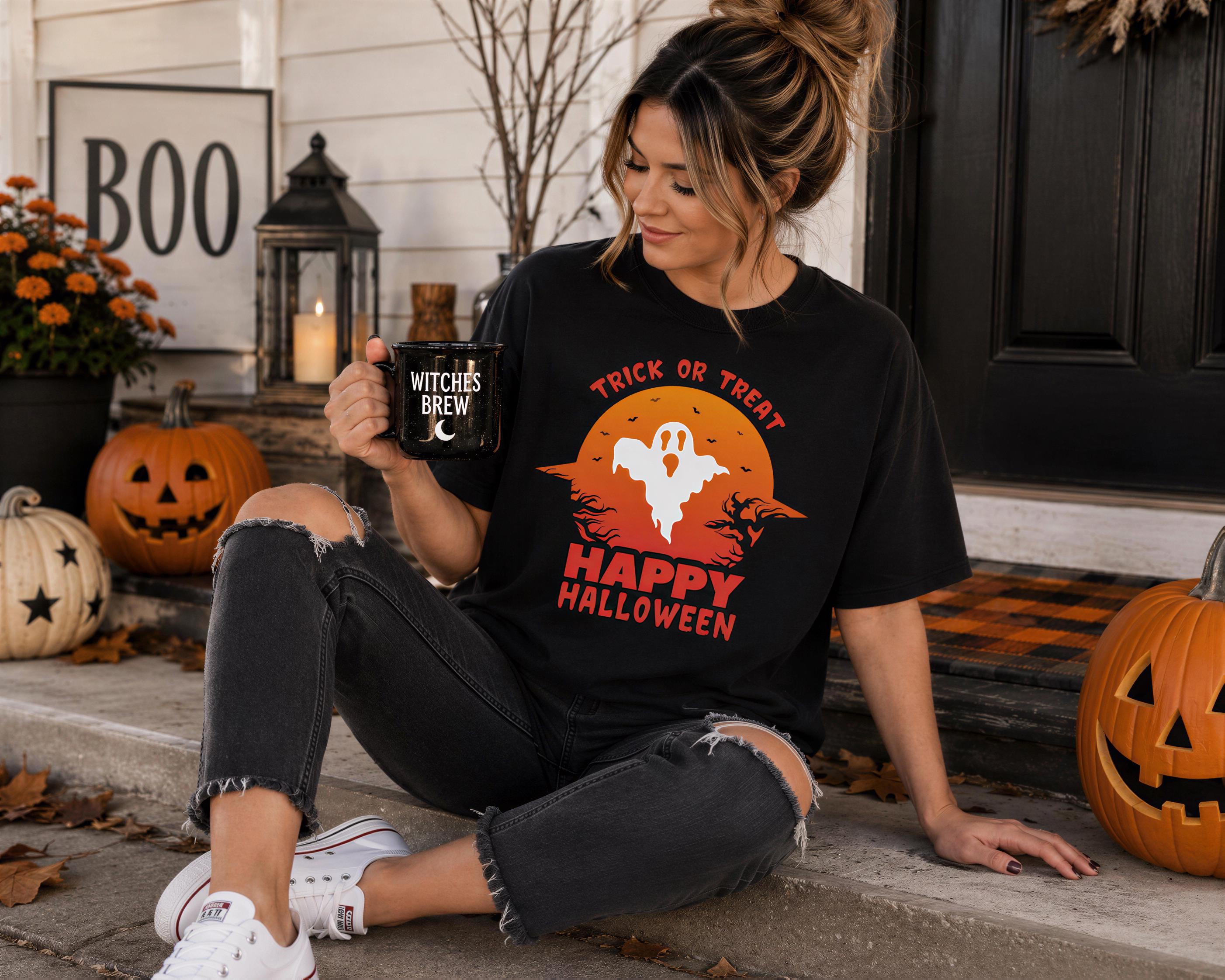 A woman sits on a step, holding a mug with a Halloween-themed design, surrounded by pumpkins and a "BOO" sign.