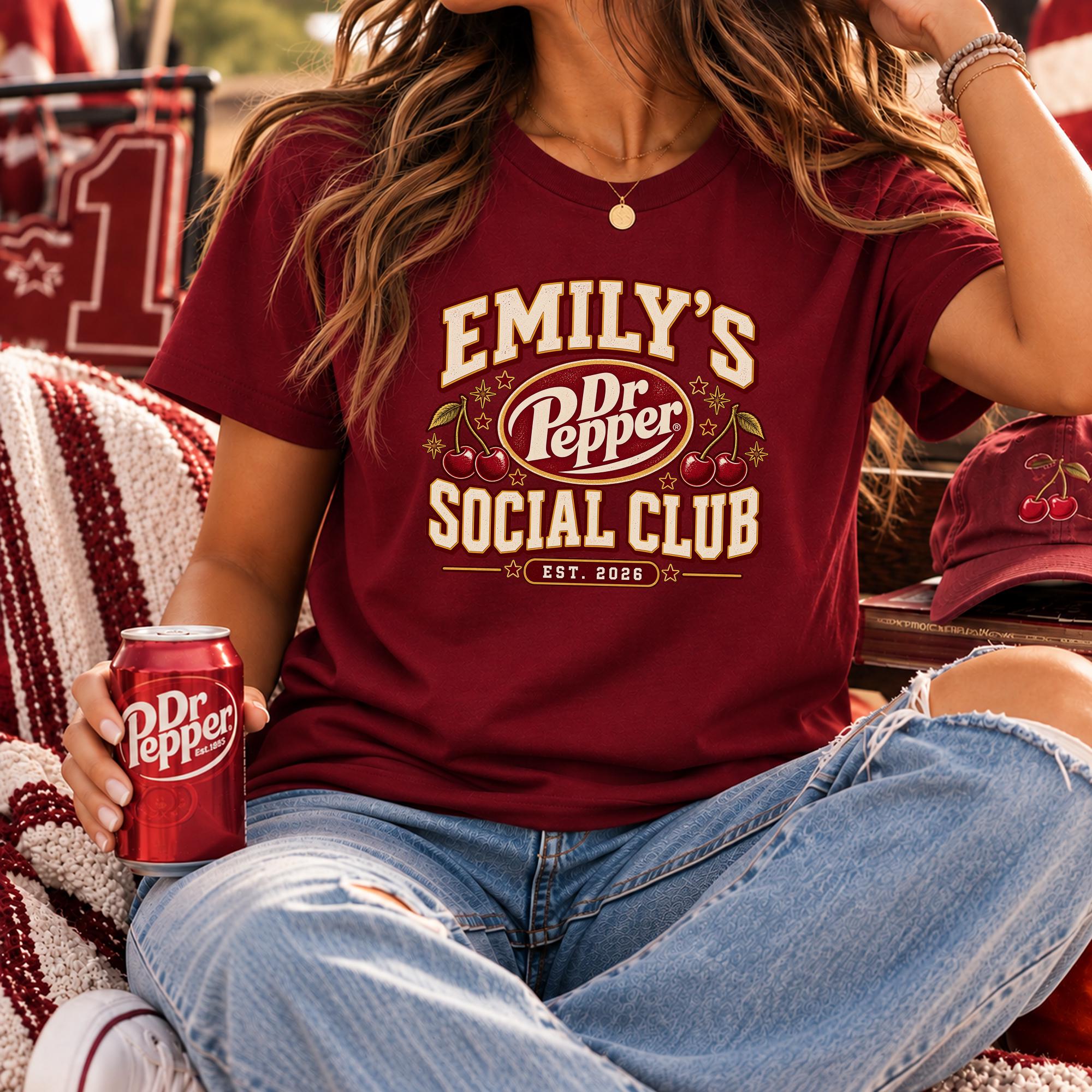 A woman wearing a red t-shirt with the text "Emilly's Dr Pepper Social Club" is sitting on a chair, holding a can of Dr Pepper.