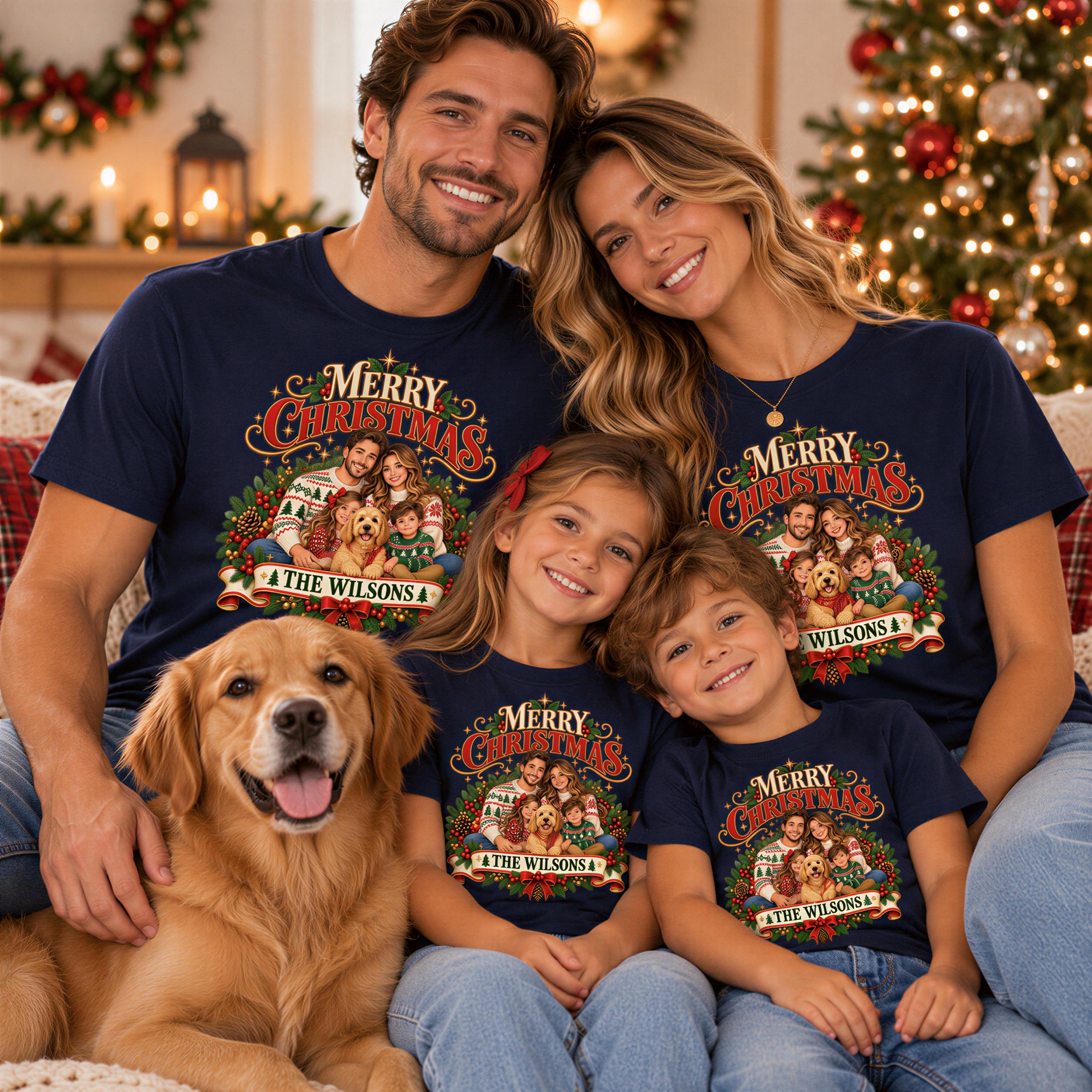 A family of four, including two adults and two children, posing for a Christmas photo. They are all wearing matching t-shirts with a festive design. A golden retriever dog is also present in the image, sitting next to the family.