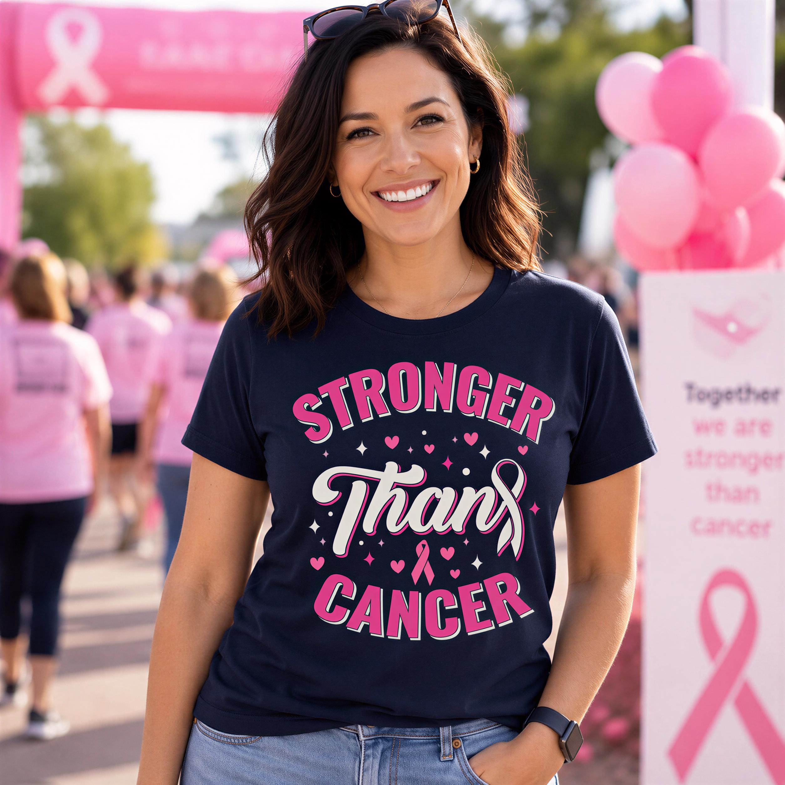 A woman wearing a navy blue t-shirt with pink text and a pink ribbon design, smiling at the camera during a pink ribbon event.
