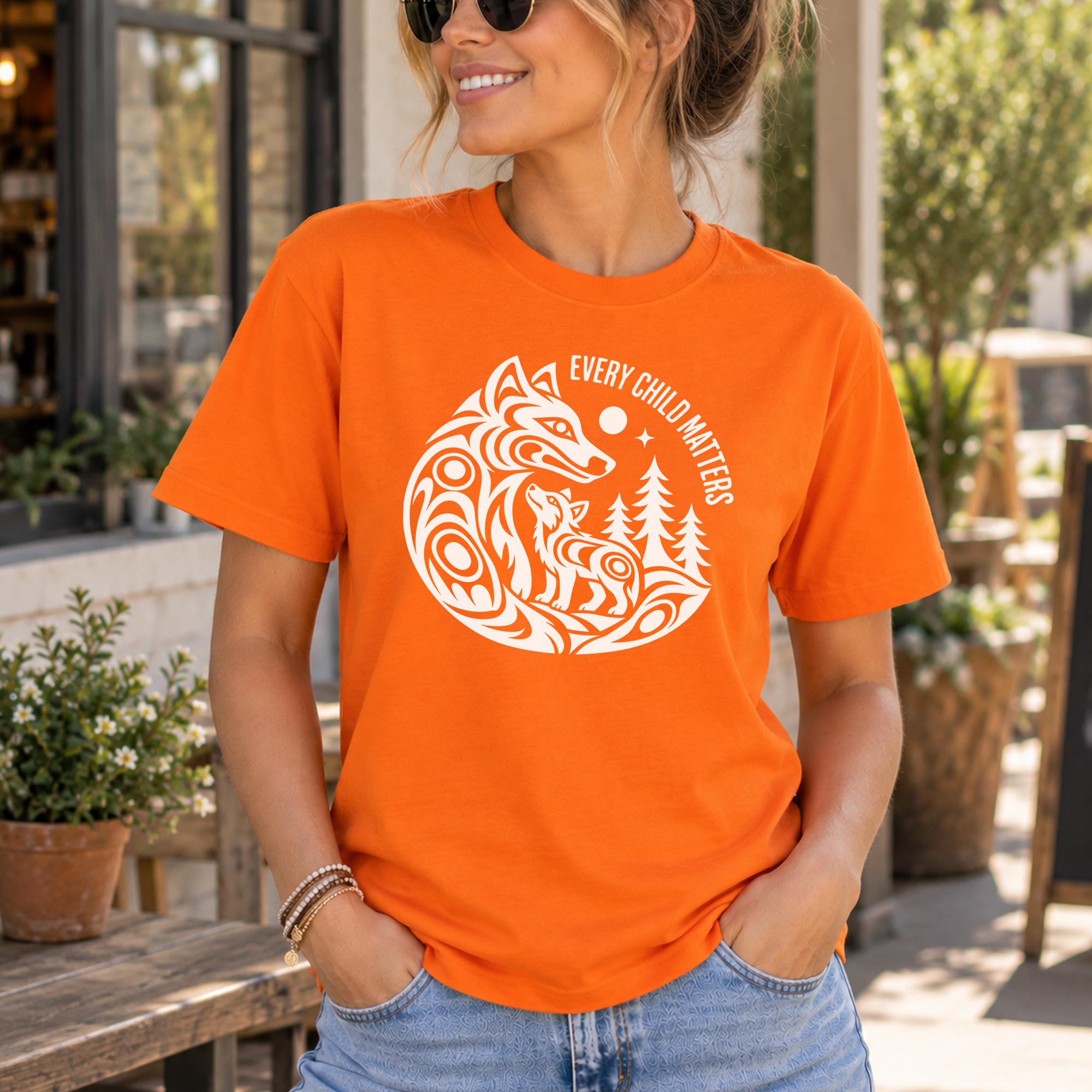 A woman wearing an orange t-shirt with a white graphic design and text, standing in front of a building with potted plants.