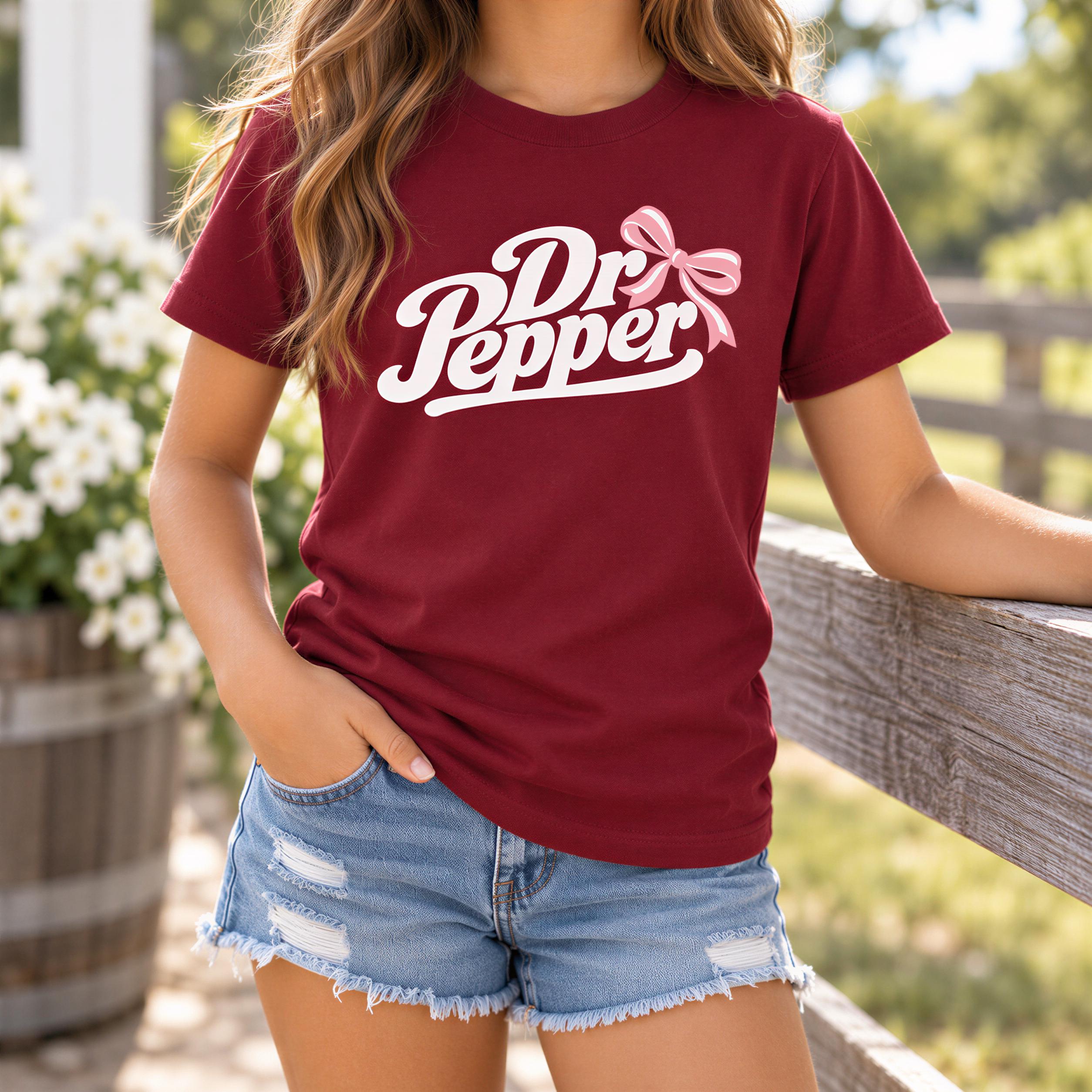 A woman wearing a burgundy t-shirt with a white "Dr Pepper" logo and denim shorts stands in front of a wooden fence.