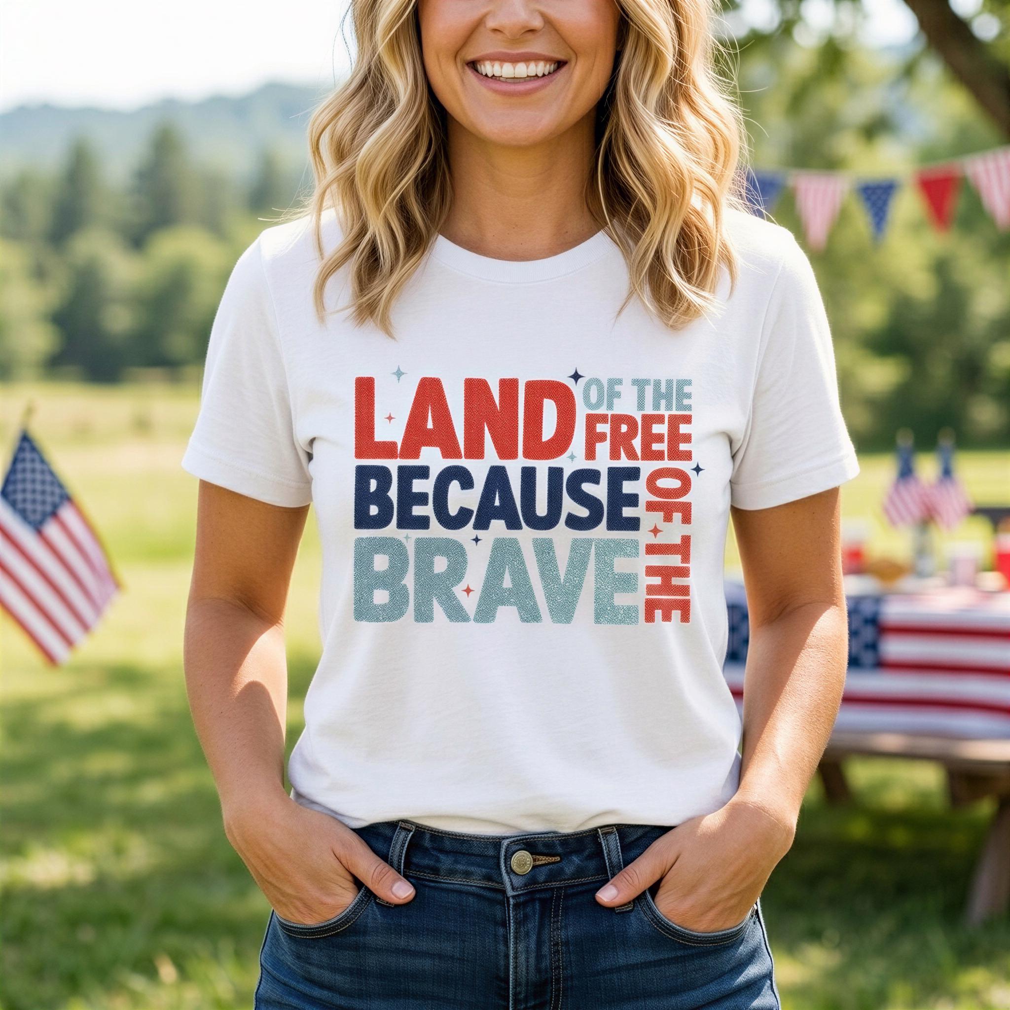 A woman wearing a white t-shirt with the text "LAND OF THE FREE BECAUSE OF THE BRAVE" printed on it, standing in front of a picnic table with American flags.