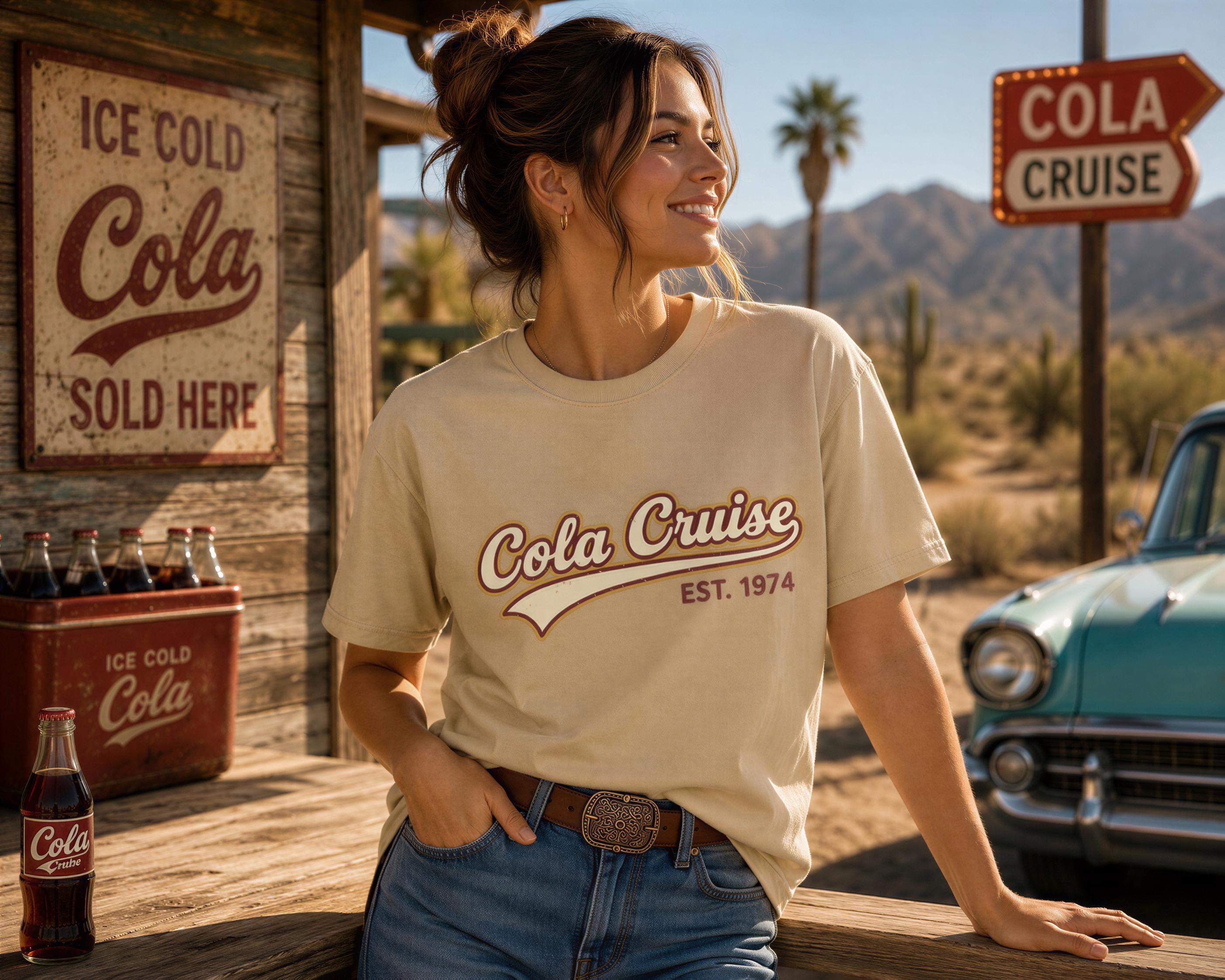 A woman in a beige t-shirt and jeans stands in front of a vintage roadside stand selling ice cold Coca-Cola bottles, with a vintage car and a sign for a "Cola Cruise" in the background.