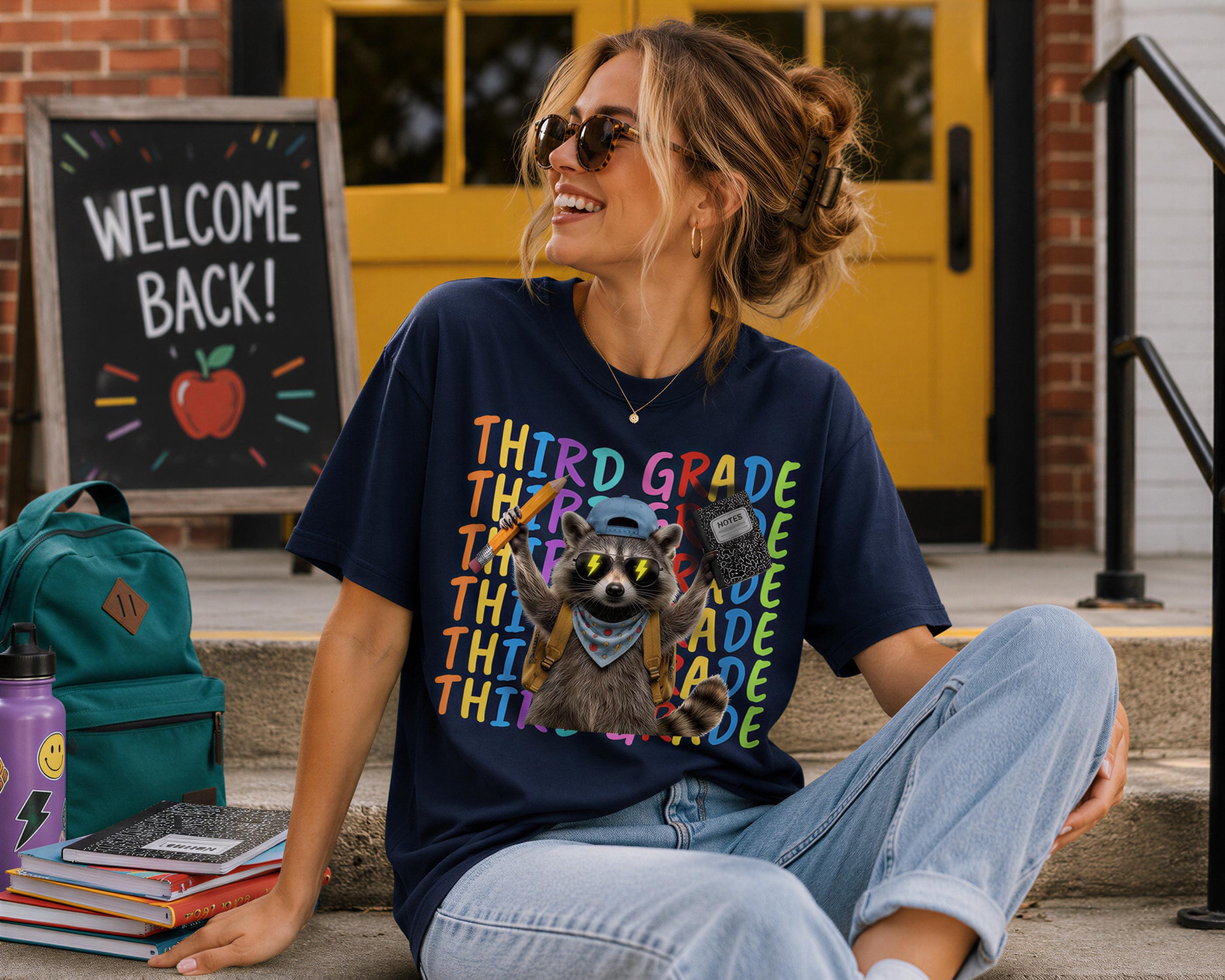 A woman wearing a blue t-shirt with a raccoon graphic and text, sitting on a step with a backpack and school supplies nearby, smiling and looking towards the camera.