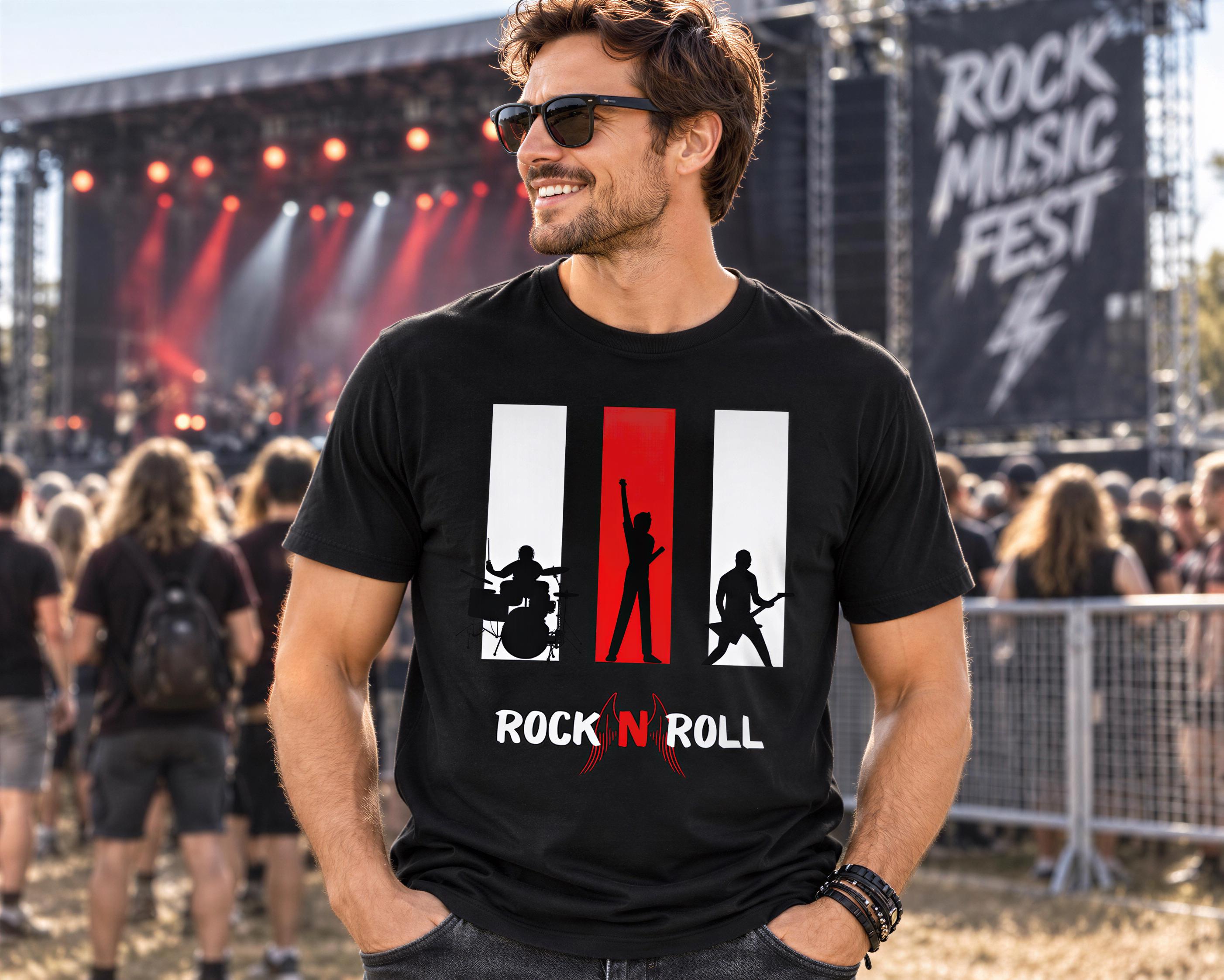 A man wearing a black t-shirt with a graphic design of silhouettes of rock musicians performing at a music festival.