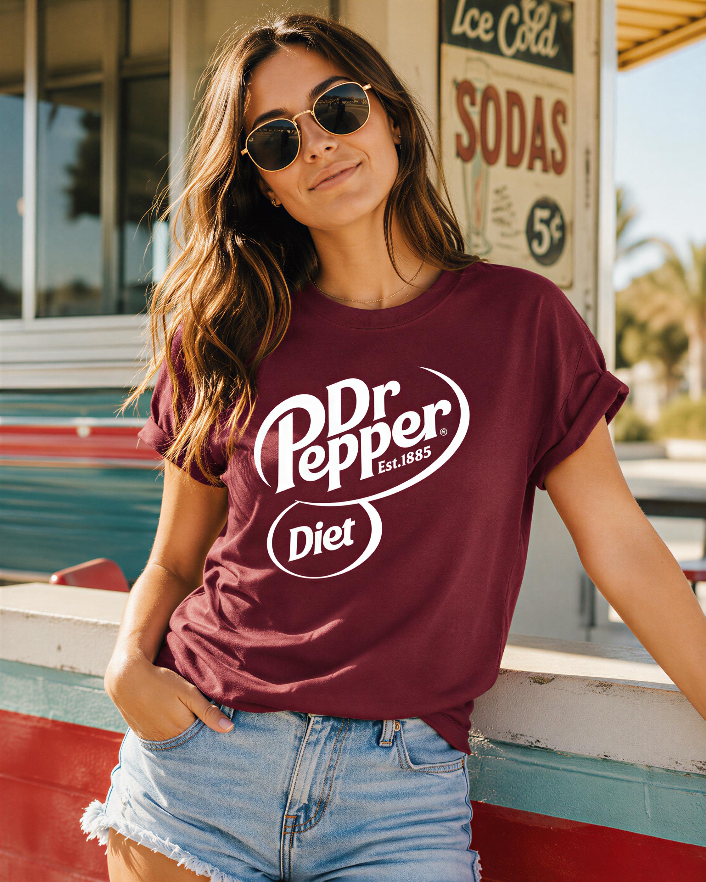 A woman wearing a maroon t-shirt with a white logo and sunglasses is leaning against a wall.