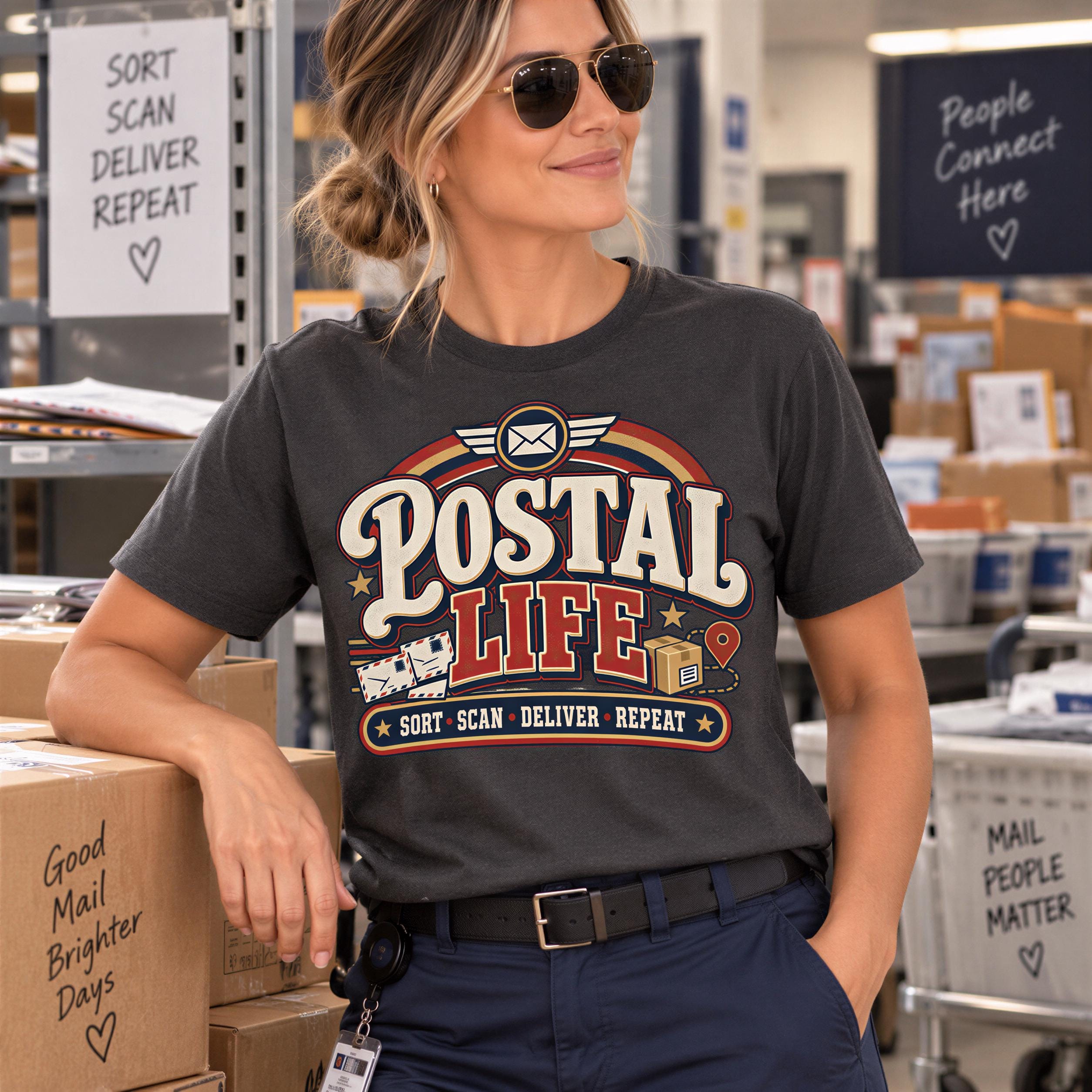 A woman wearing a gray t-shirt with a graphic design and sunglasses stands in a warehouse or store surrounded by boxes and other items.