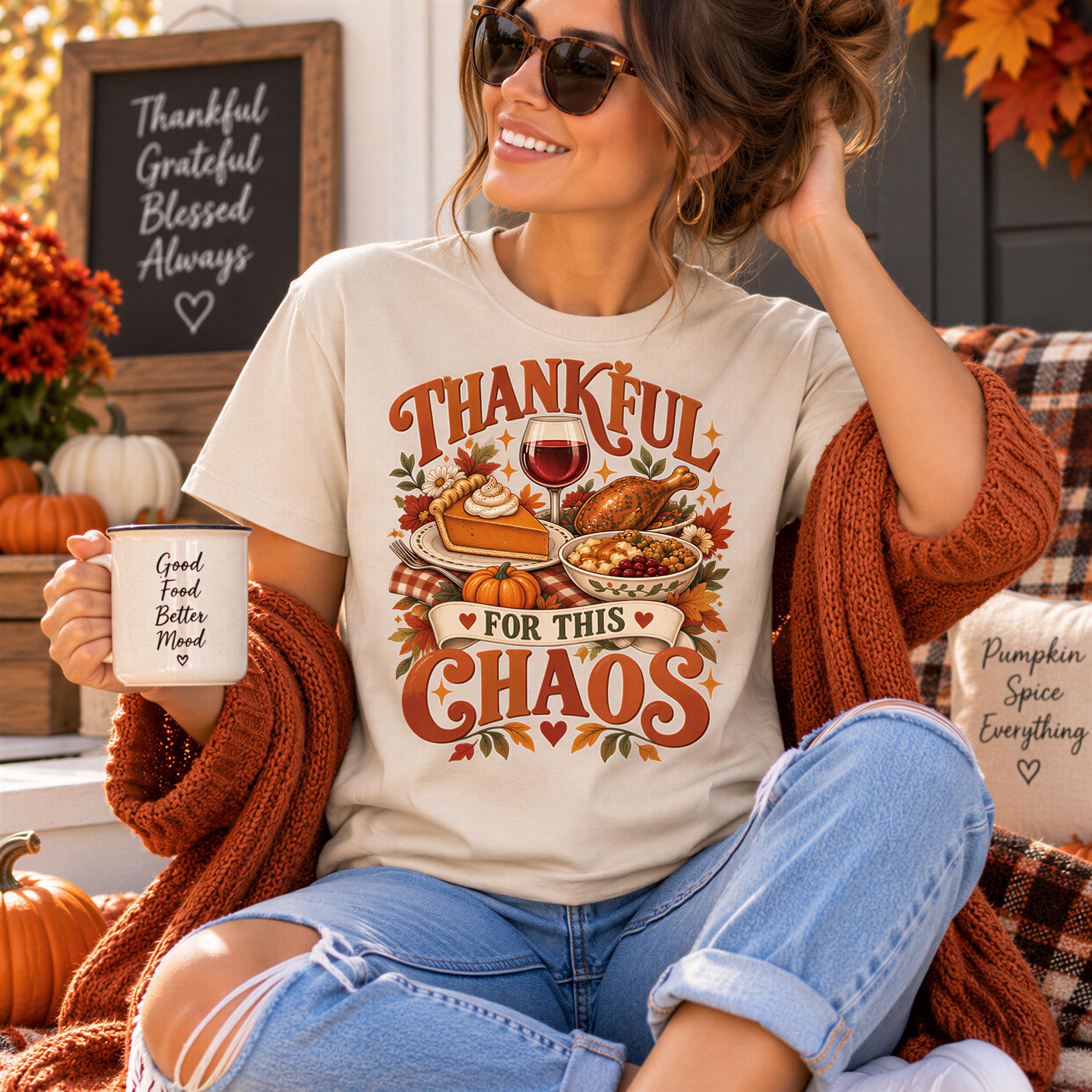 A woman wearing sunglasses and a t-shirt with a graphic design is sitting on a couch, holding a coffee mug and smiling.