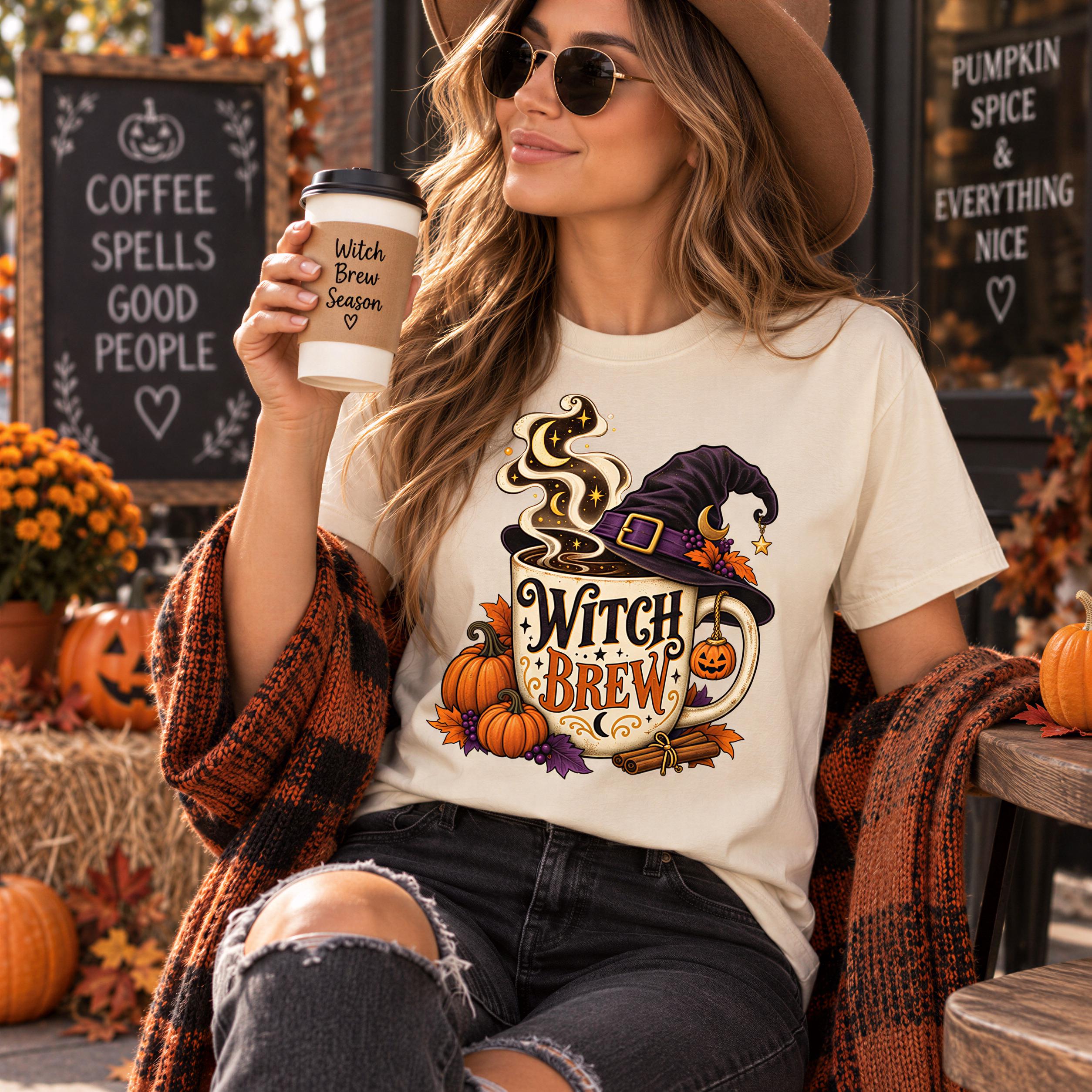 A woman wearing a white t-shirt with a witch's hat and mug design, holding a coffee cup, and sitting in front of a chalkboard sign with Halloween decorations.