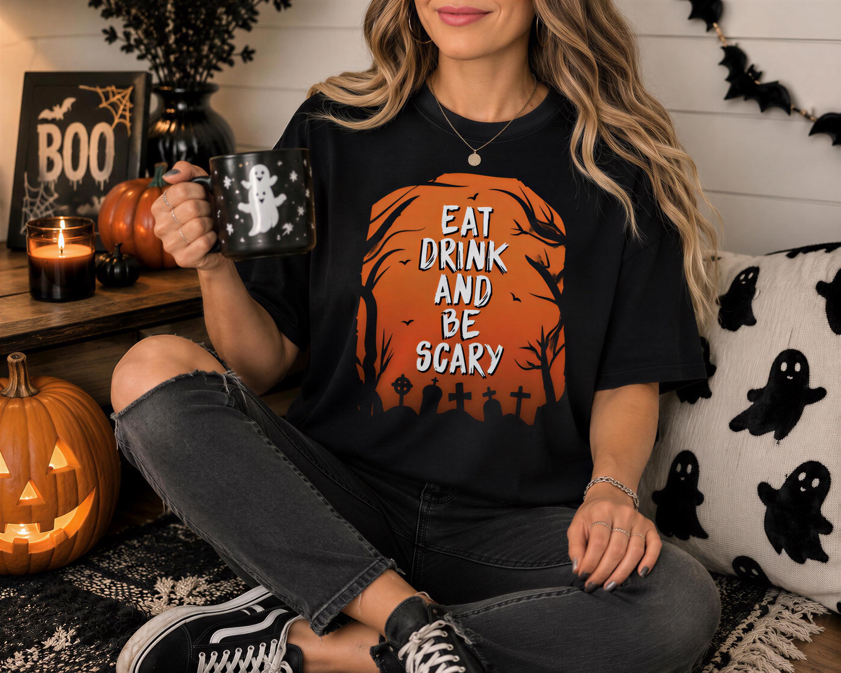 A woman sitting on a couch, holding a mug with a Halloween-themed design, wearing a black t-shirt with a graphic and text, and surrounded by Halloween decorations and pumpkins.