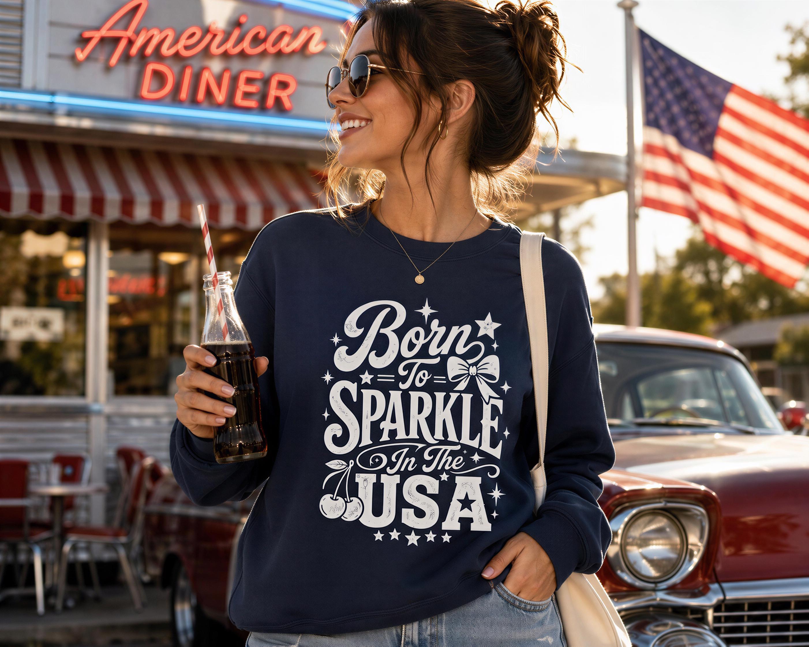 A woman wearing a navy blue sweatshirt with a white design stands in front of a diner, holding a soda bottle and smiling.