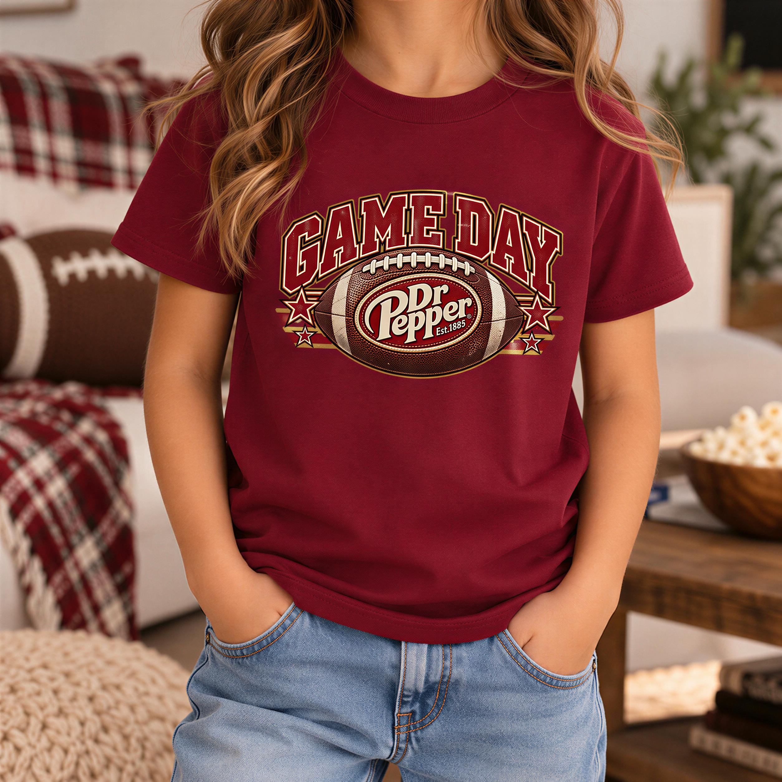 A person wearing a maroon t-shirt with a football graphic and the text "GAME DAY" printed on it, standing in a room with a couch and a bowl of popcorn.