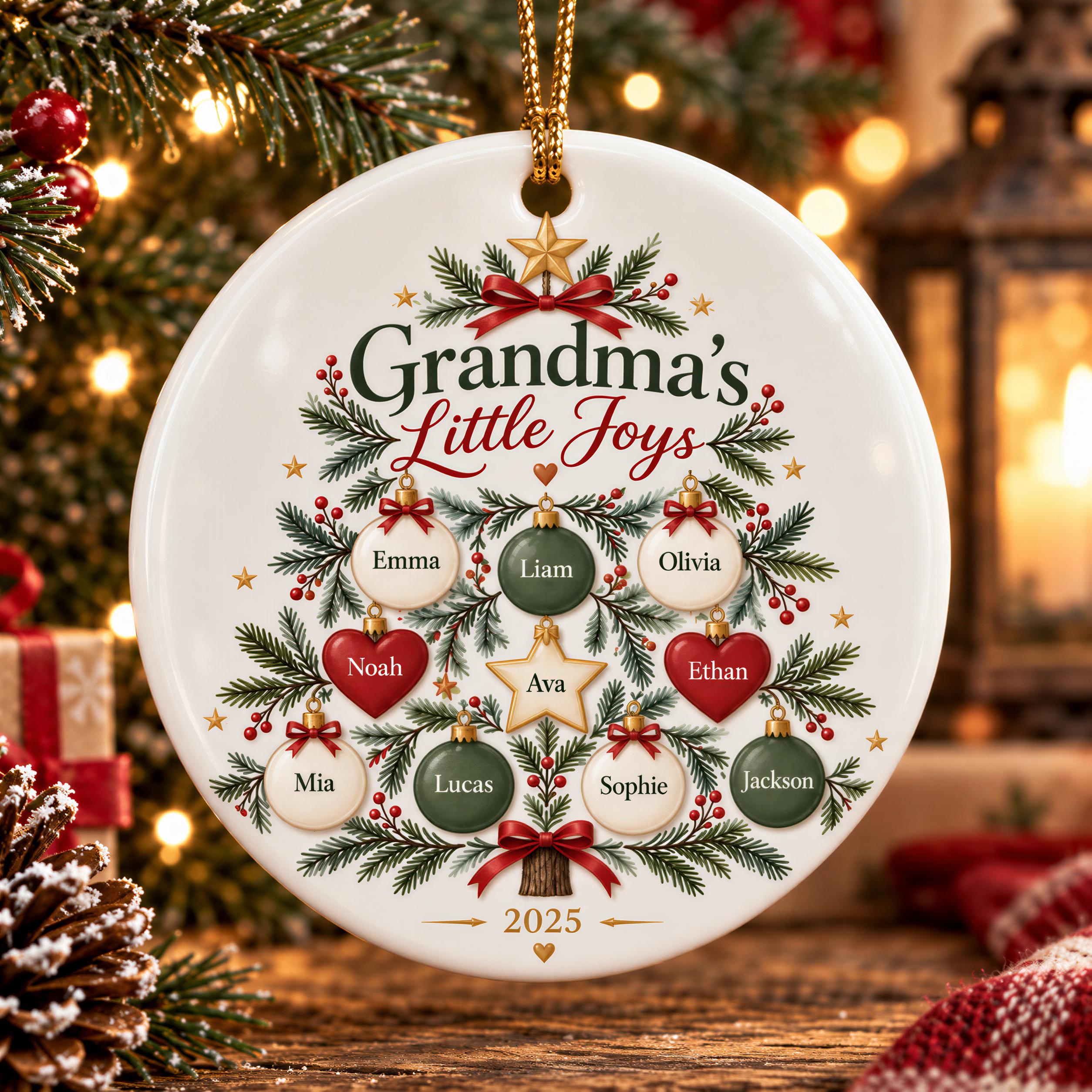 A white ornament with a Christmas tree design, featuring the names of various family members and the year "2025" at the bottom.
