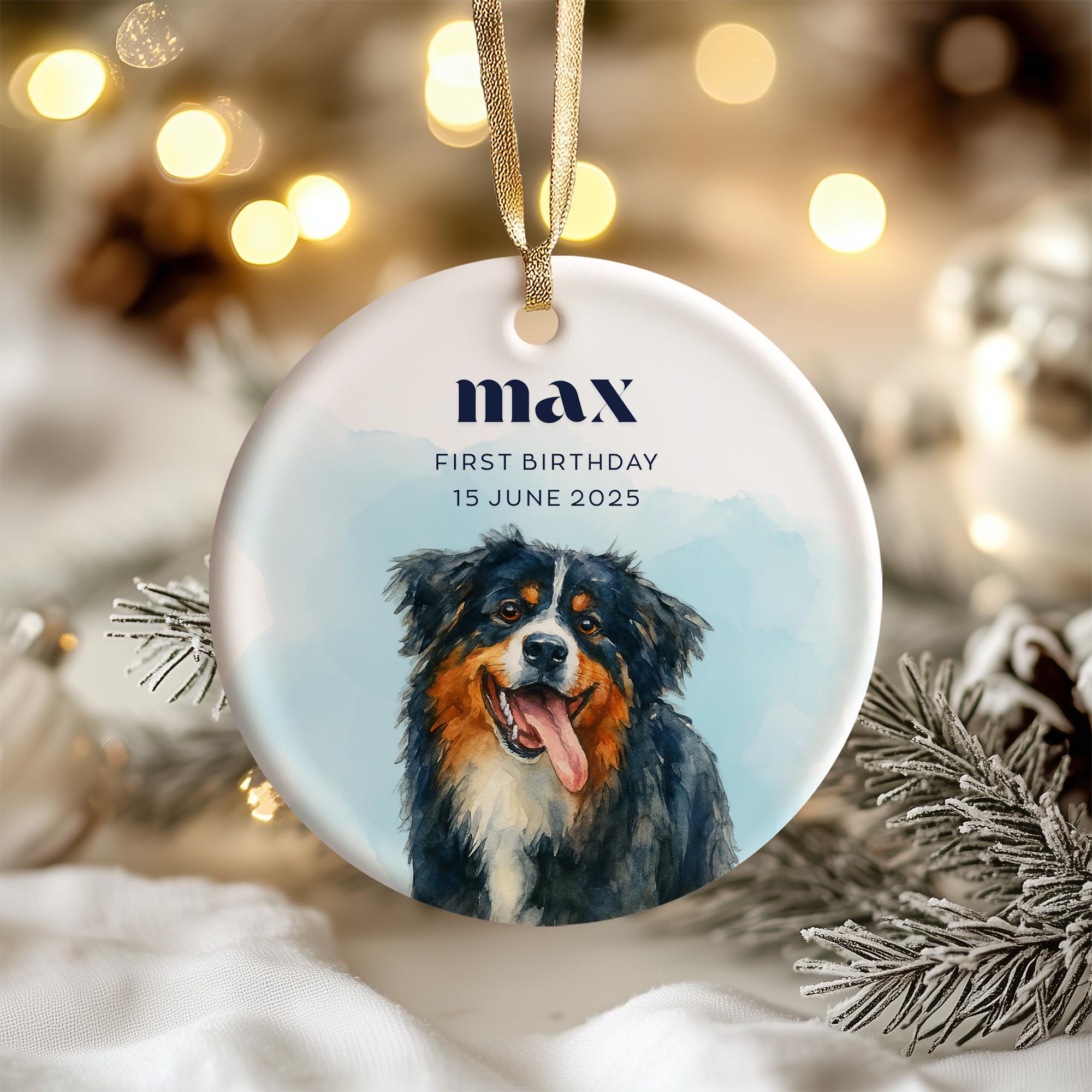 a christmas ornament with a dog's face on it
