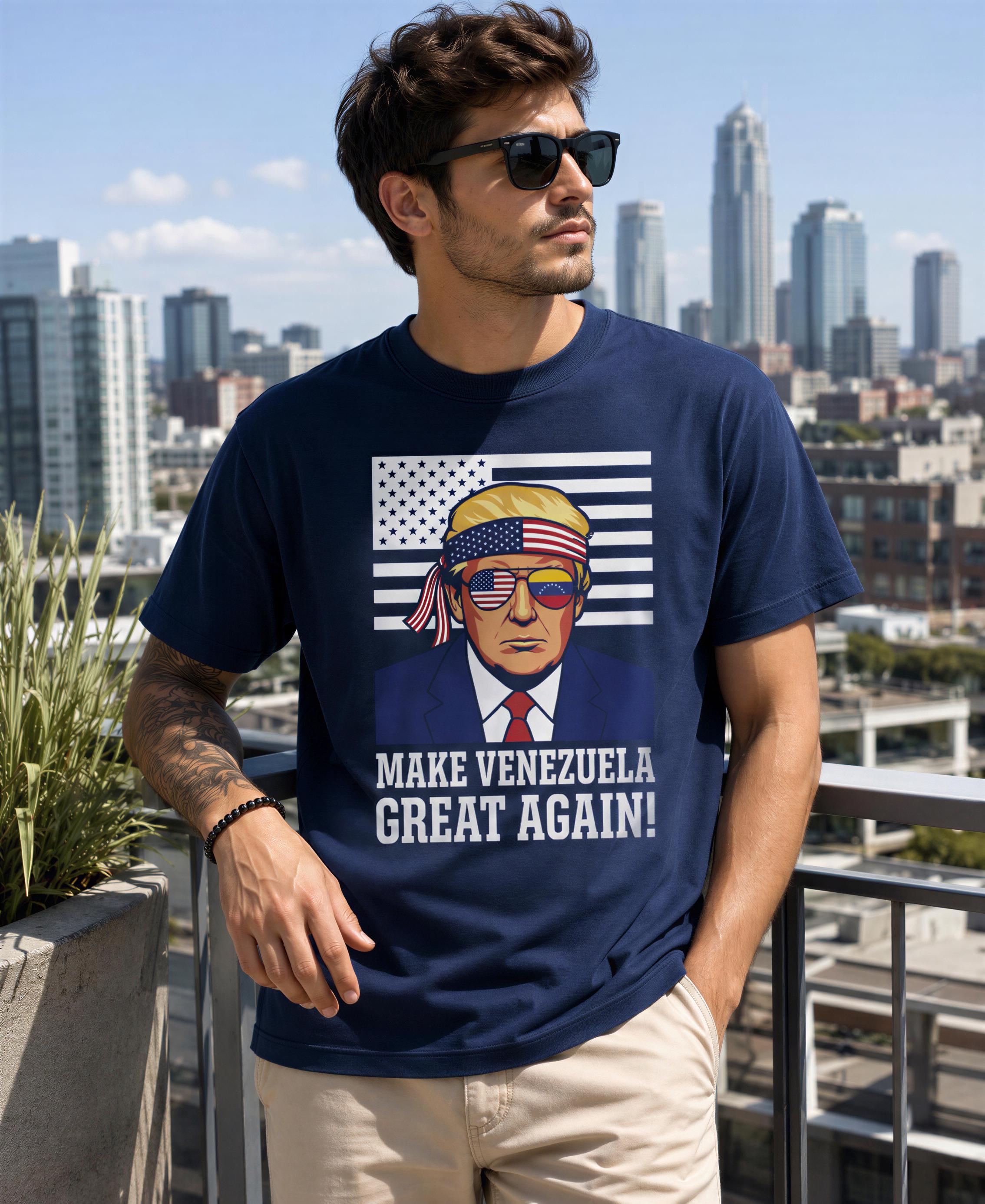 A man wearing a navy blue t-shirt with a graphic of a man wearing sunglasses and a bandana, standing on a balcony with a city skyline in the background.