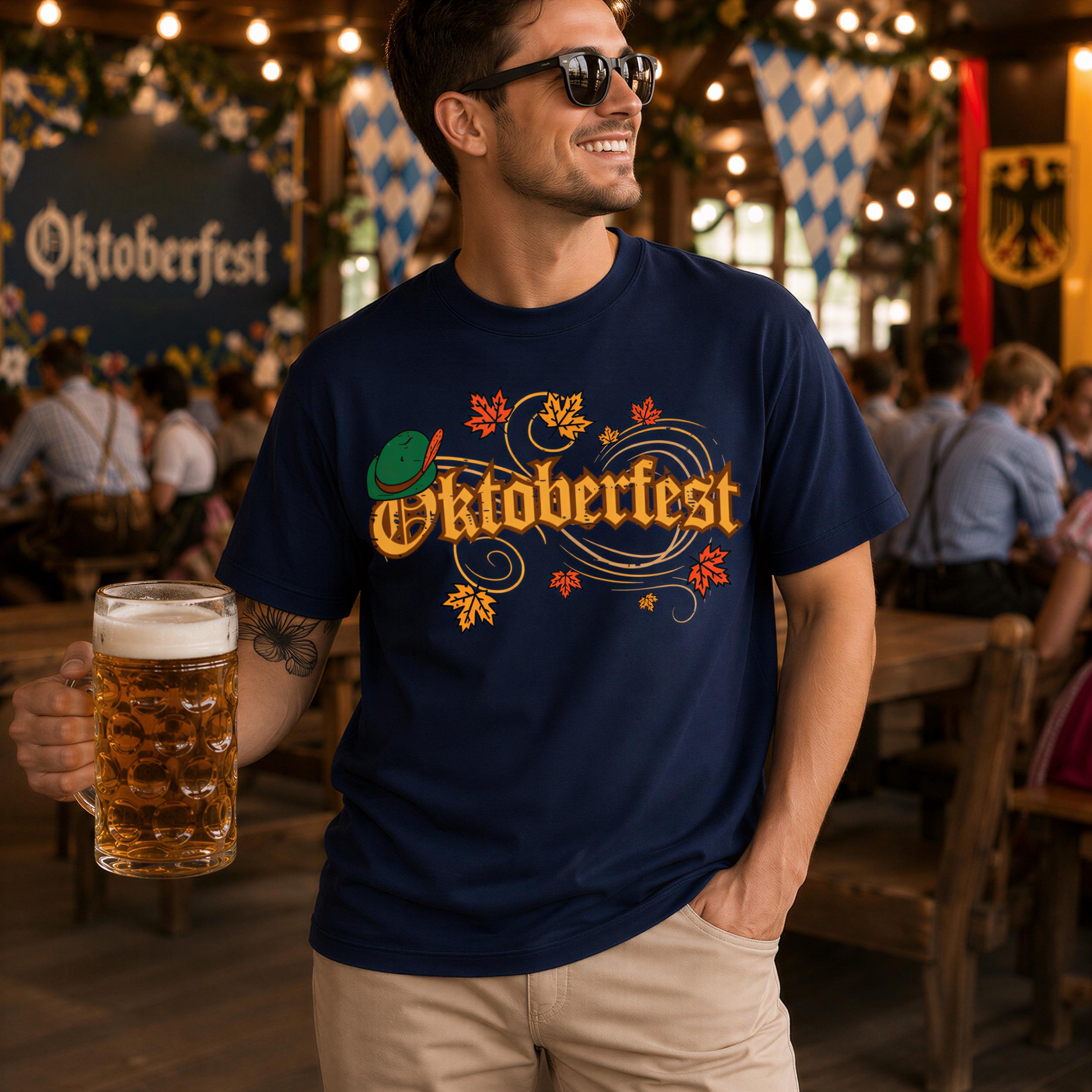 A man wearing a blue t-shirt with the word "Oktoberfest" and holding a glass of beer stands in a room decorated for Oktoberfest.