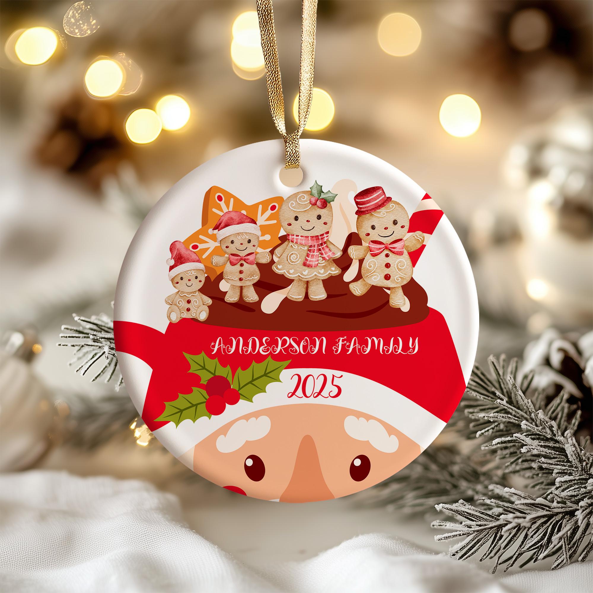 A white ornament with a red ribbon and a family of gingerbread men on top, along with the text "Addison Family" and "2015" printed on it.